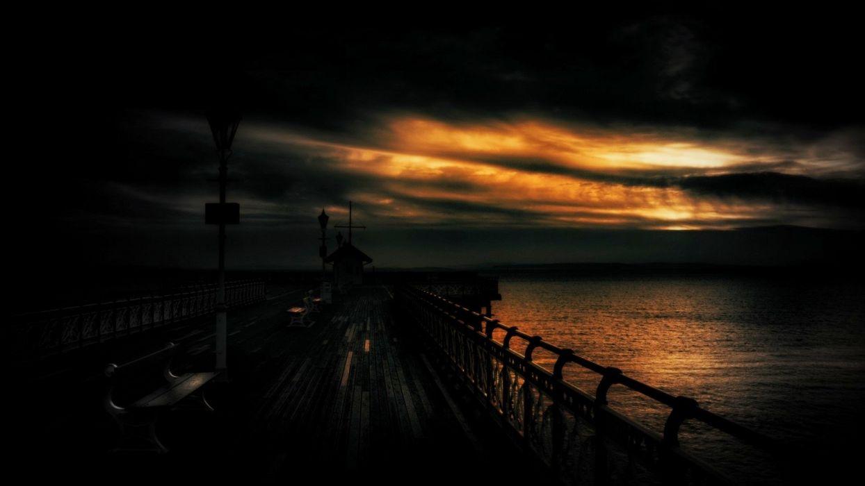 1244x700 Dark sunset ocean sea pier sky wallpaperx1080
