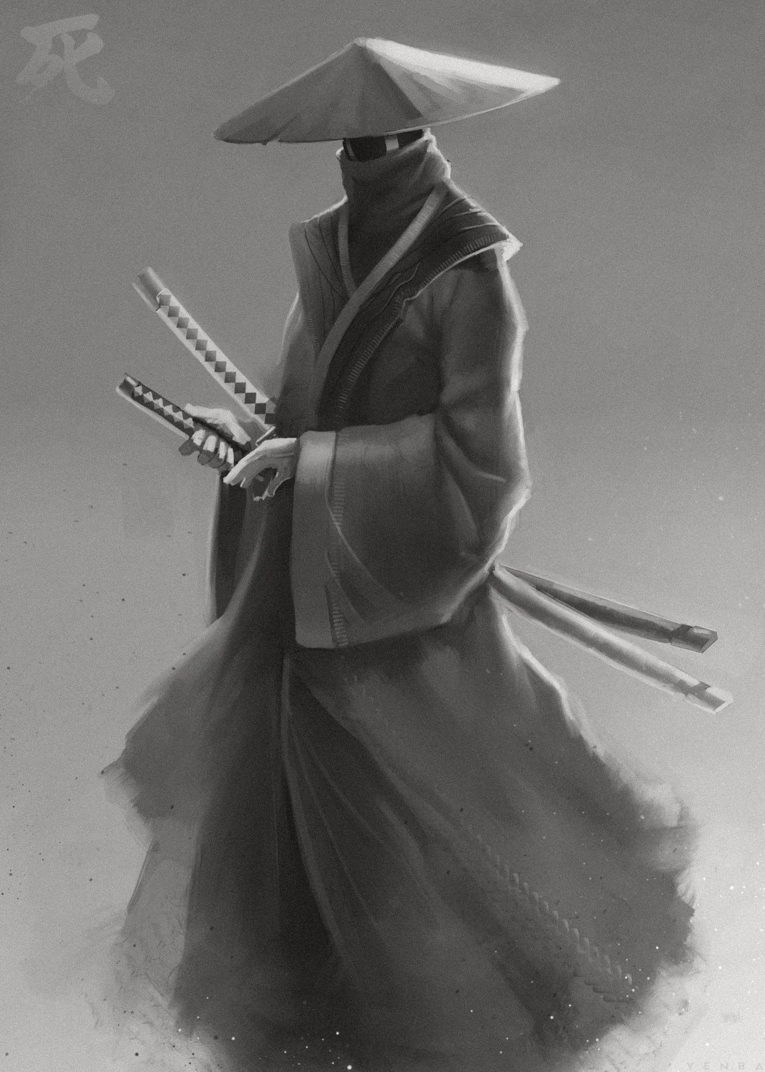 1500x2100 Desktop wallpaper: Art, Warrior, Black And White, Samurai, Katanas, Katana 4K free download for PC. 107703