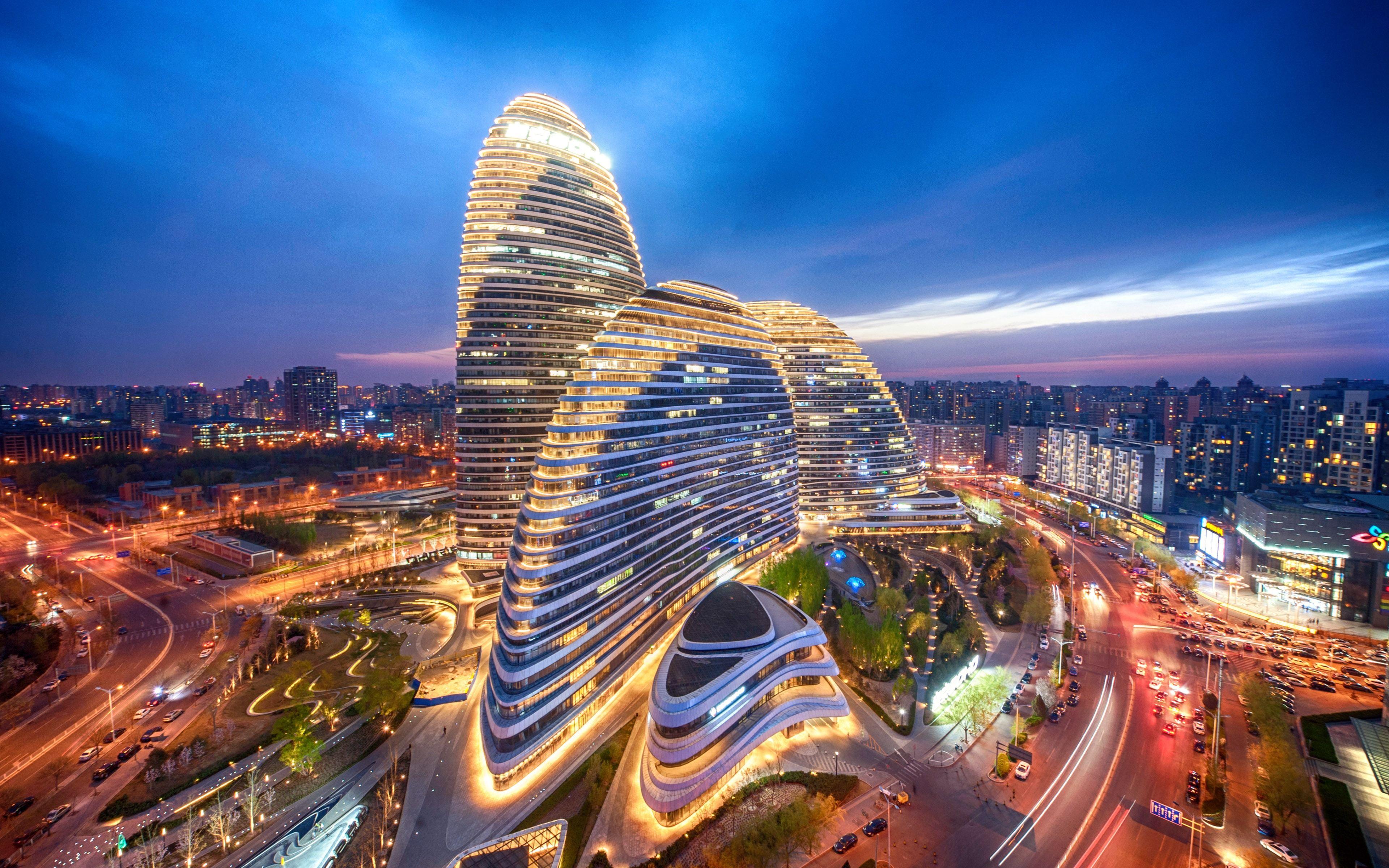 3840x2400 Download wallpaper Wangjing SOHO, 4k, nightscapes, modern
