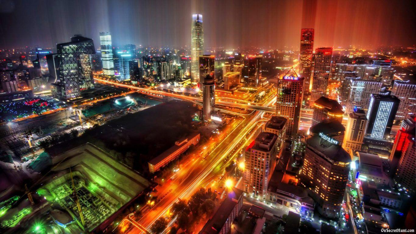1366x768 Illuminated Skyscrapers and City Streets in Beijing. jpeg v