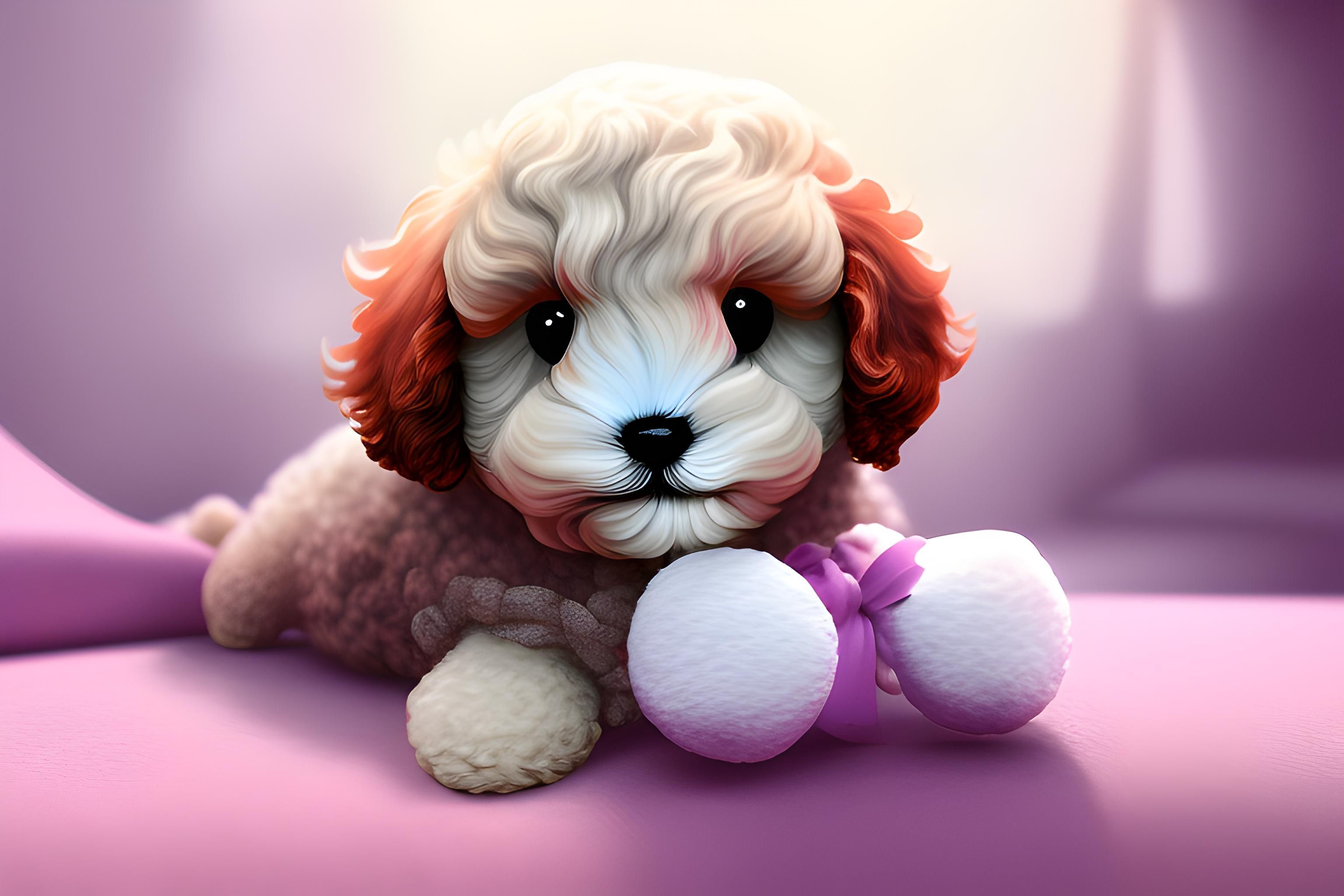 3072x2048 maltipoo puppy in bed with toy lamb