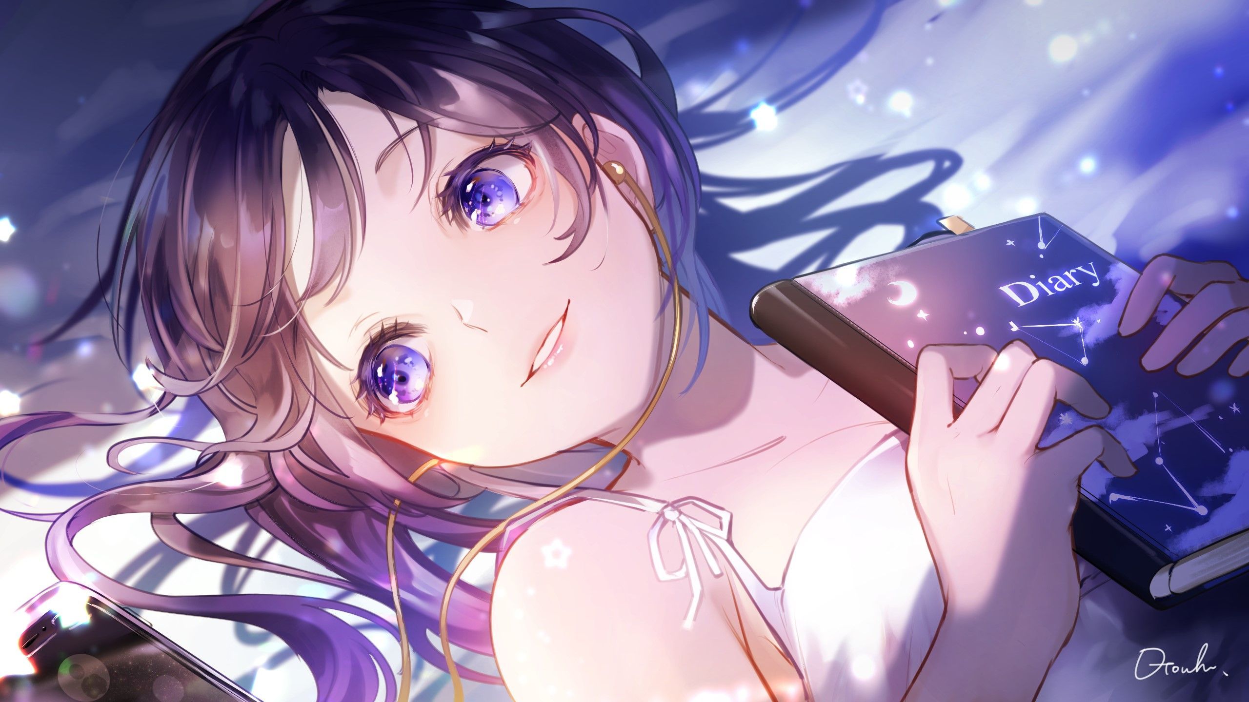 2560x1440 anime, Gotouhu, smiling, purple eyes