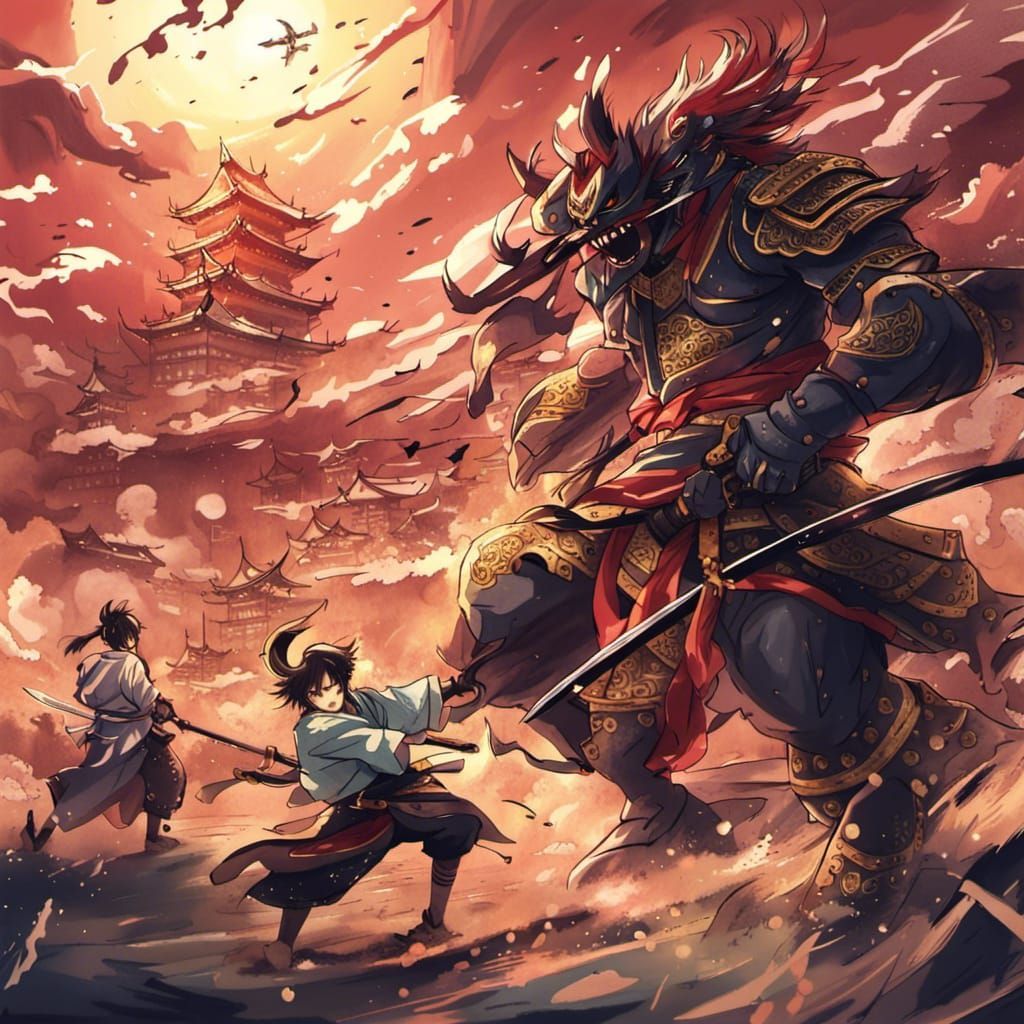 1024x1024 Epic boss fight between samurai