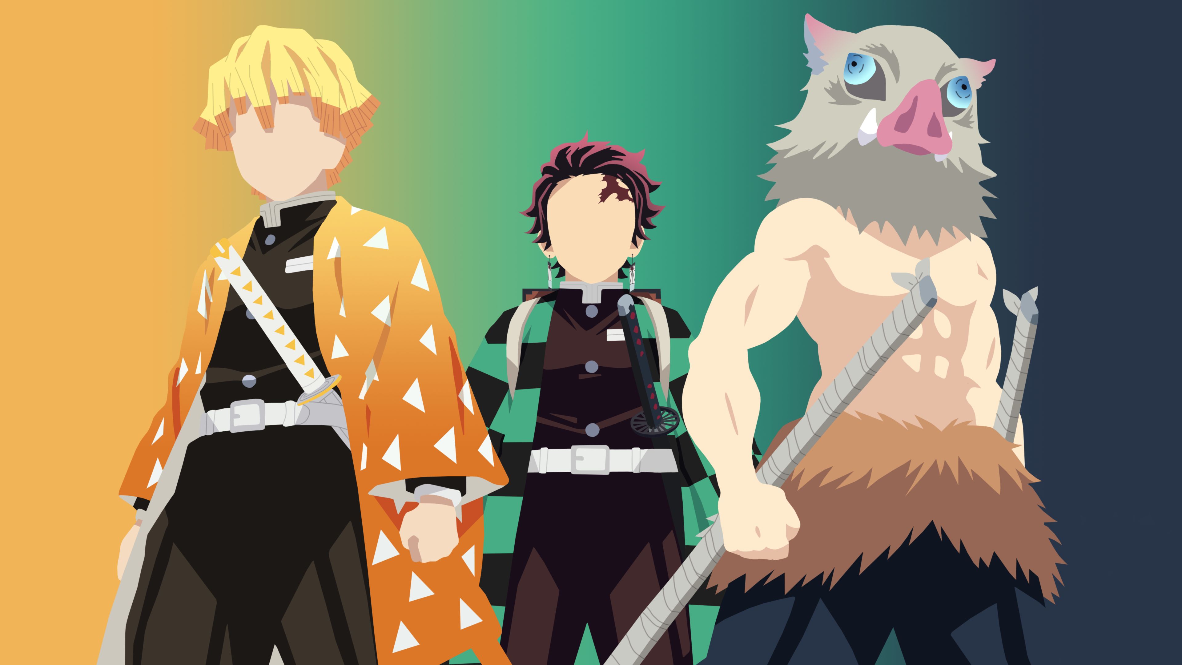 3840x2160 Phone wallpaper: Inosuke Hashibira, Tanjiro Kamado, Anime, Demon Slayer: Kimetsu No Yaiba, Minimalist, Zenitsu Agatsuma 1072961