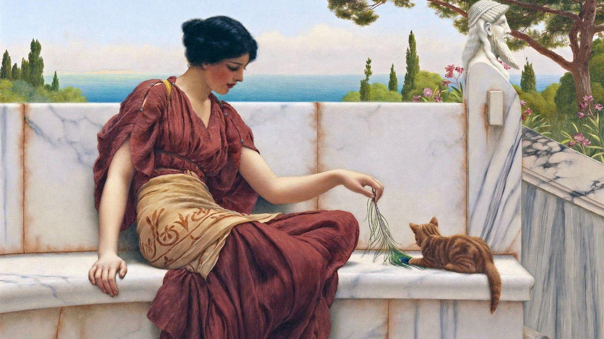1920x1080 women, paintings, cats, classic art wallpaper