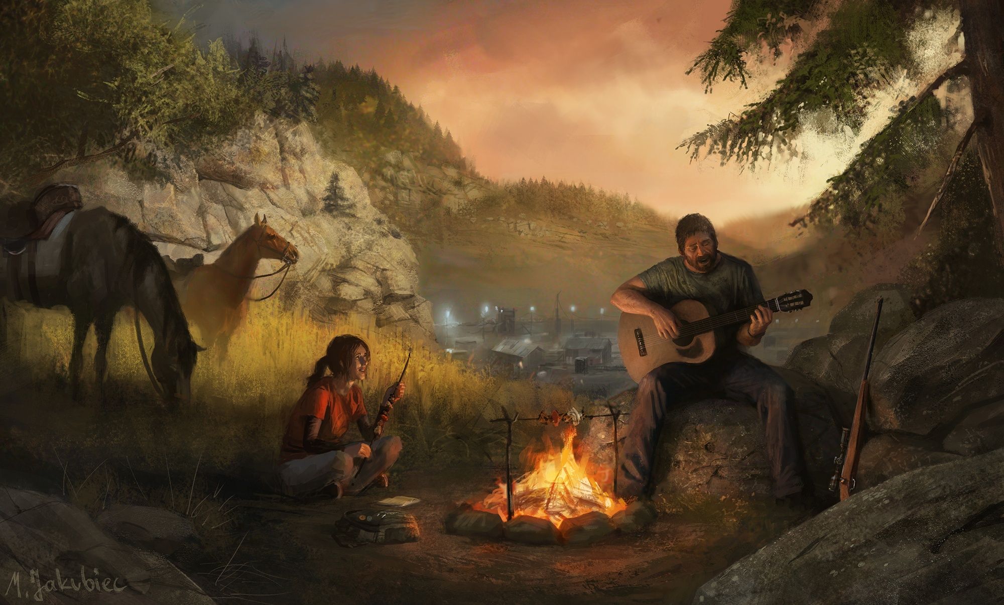 2000x1205 Wallpaper lights, horse, guitar, the evening, the fire, Ellie, Joel, Ellie for mobile and desktop, section игры, resolution 2000x1205