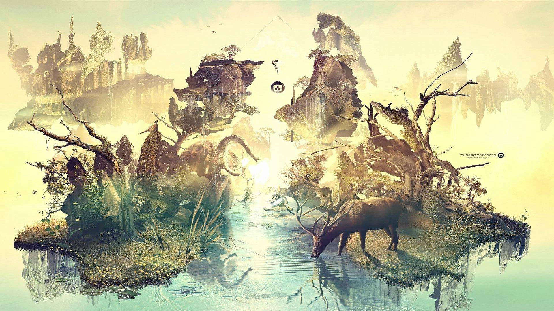 1920x1080 digital Art, Lake, Trees, Animals, Elephants, Yoga Wallpaper HD / Desktop and Mobile Background