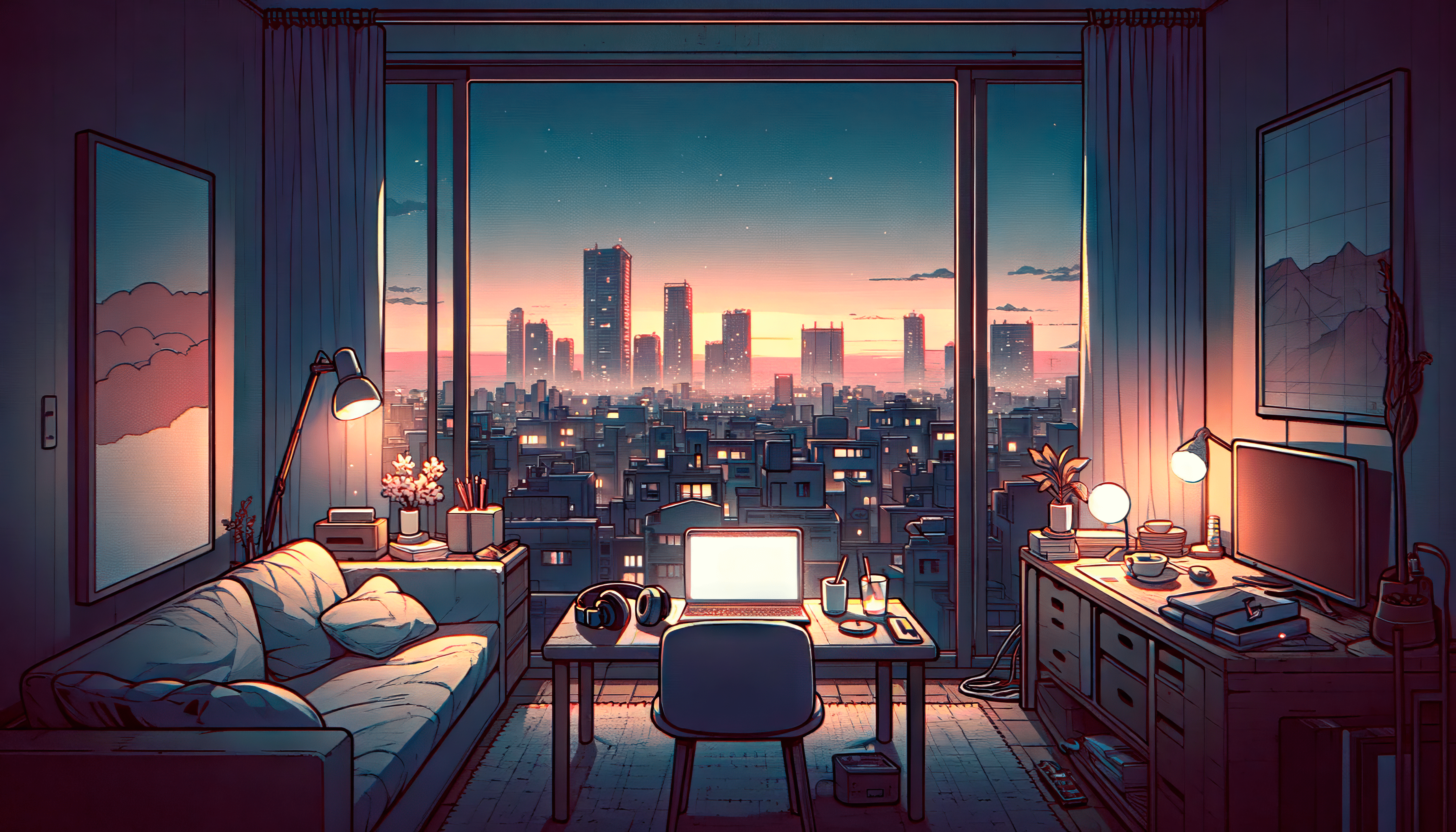 3584x2048 Anime Lofi Room with Cityscape View HD