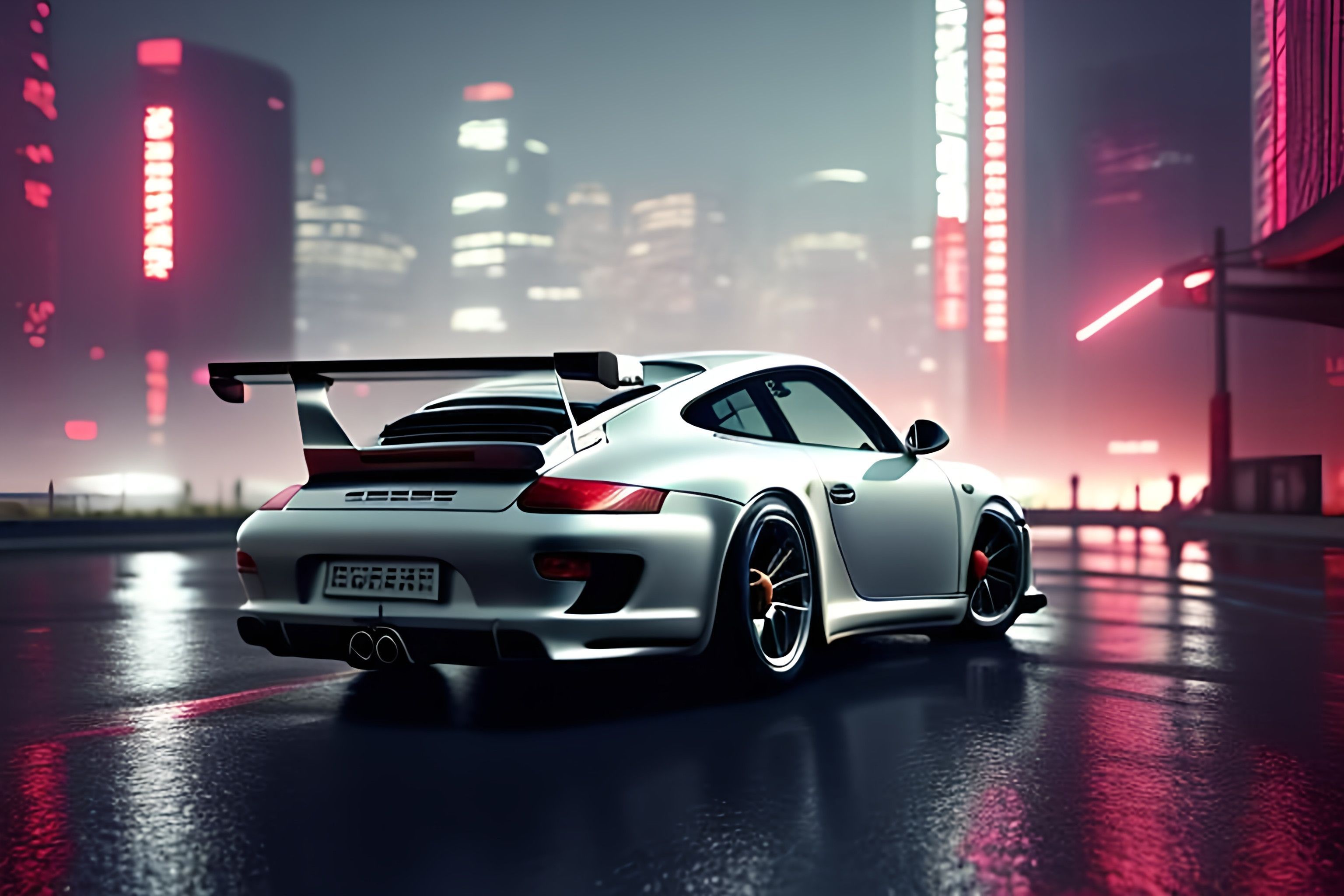 3072x2048 red Porsche 997 gt cyberpunk style