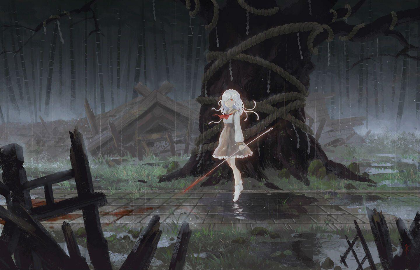 1440x924 Animal bakemonogatari blood dress monogatari (series) rain