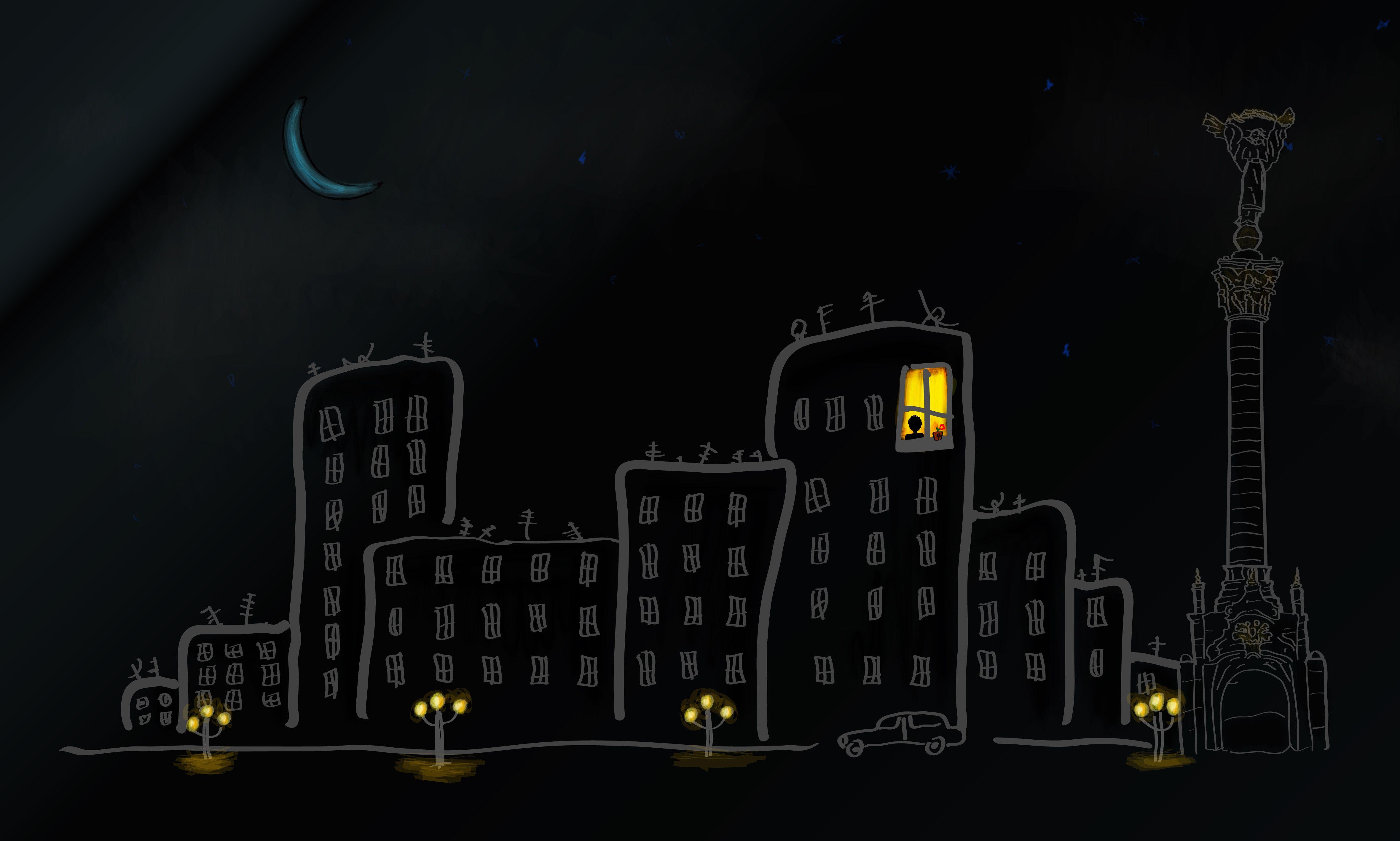 cartoon city buildings at night