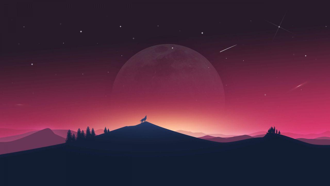 1280x720 Wallpaper Wolf howling, Moon, Silhouette, Minimal, 4K