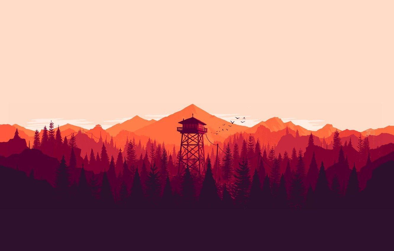 1332x850 Wallpaper forest, sunset, mountains, birds, tower, the long