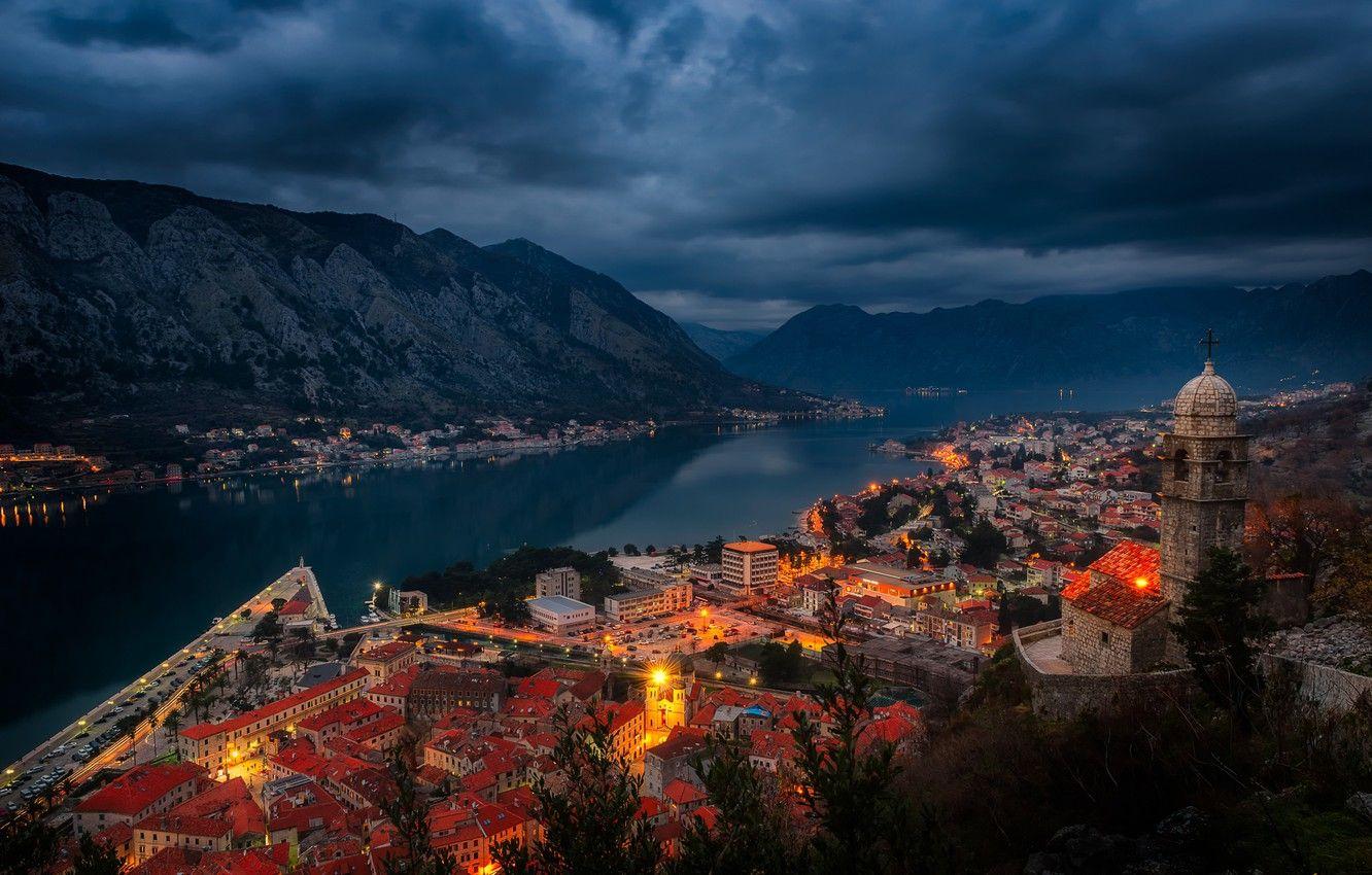 1332x850 Wallpaper mountains, night, lights, shore, home, Bay