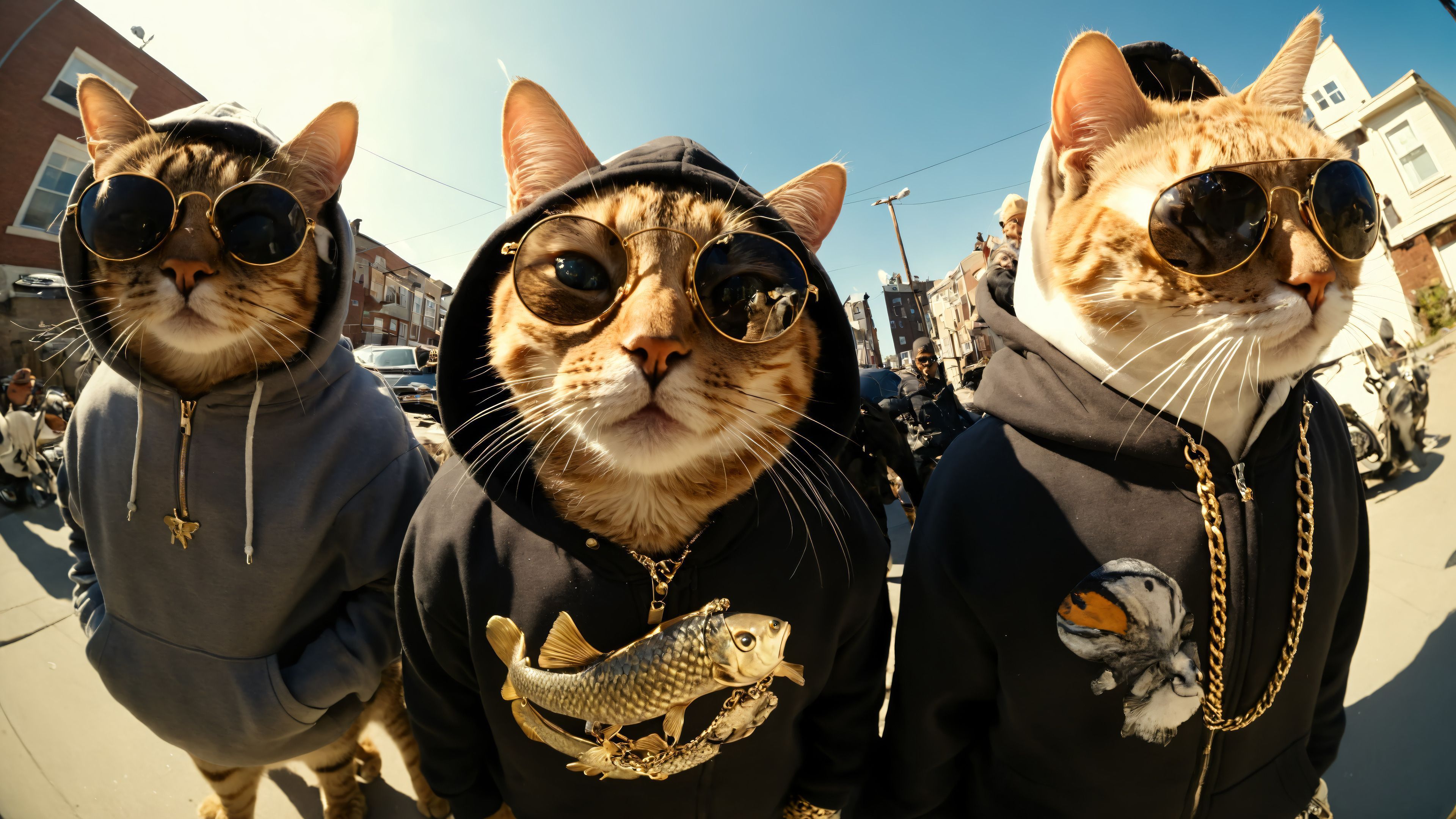 3840x2160 Funny Gangster Cat Trio HD Wallpaper