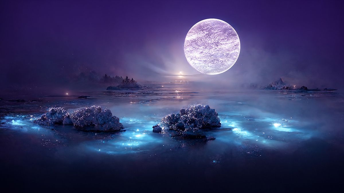 1200x675 Moon Wallpaper with water, rocks