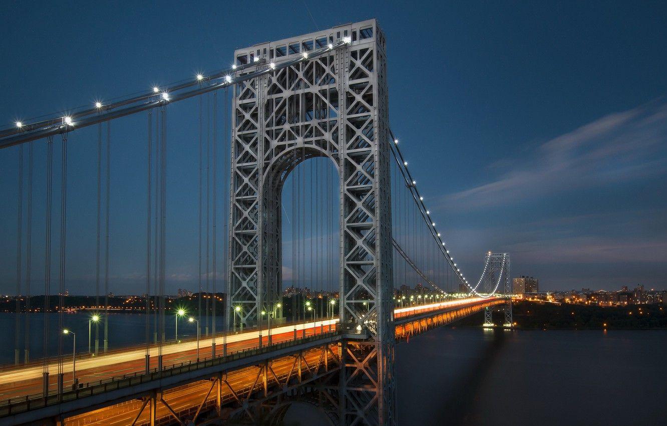 1332x850 Wallpaper night, the city, river, New York, The George Washington Bridge image for desktop, section город