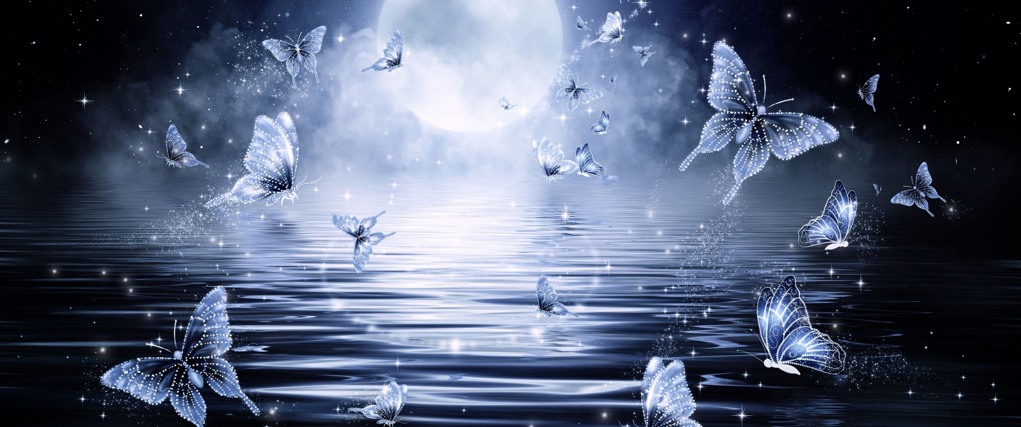 3440x1440 Butterflies Wallpaper 4K, Stars, Moon