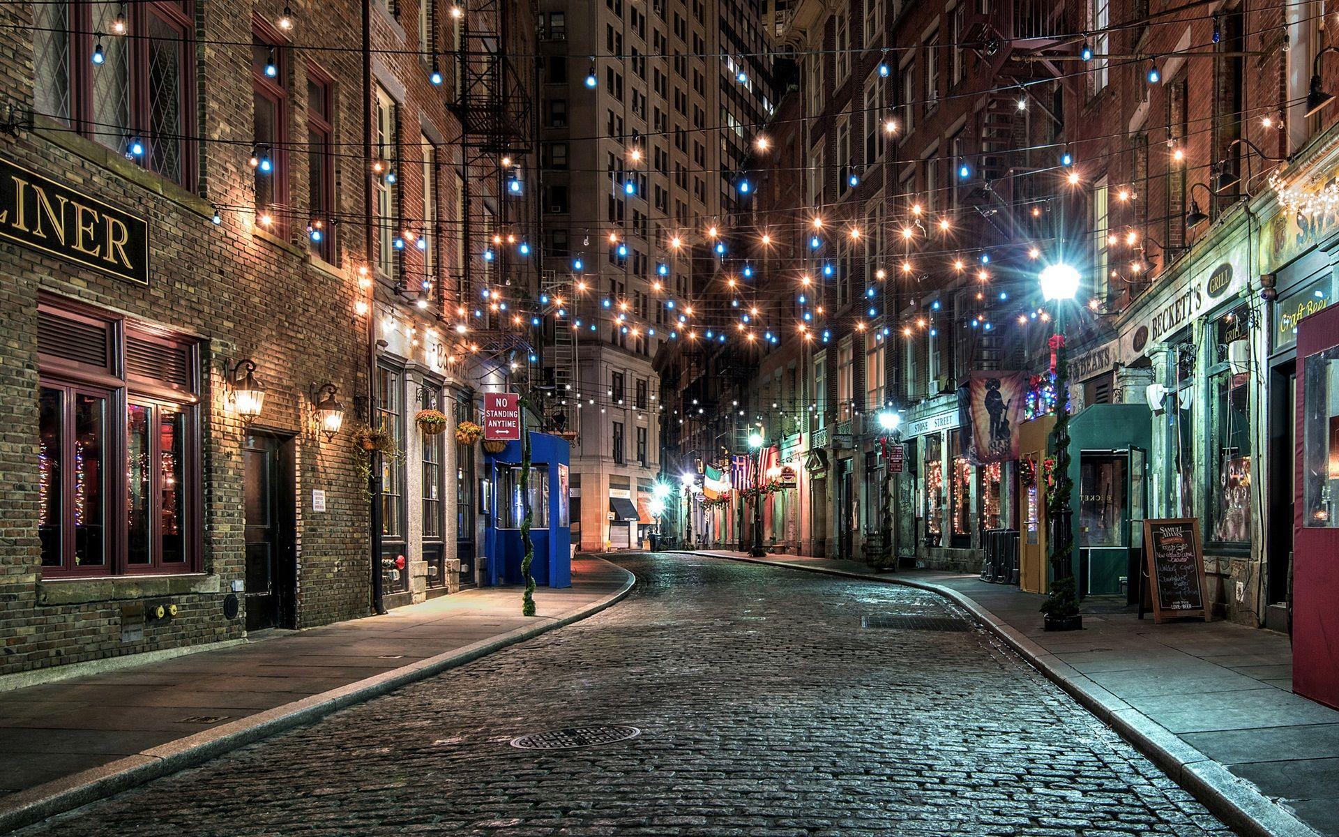 1920x1200 Wallpaper New York, old town, street, colorful lights, night, USA