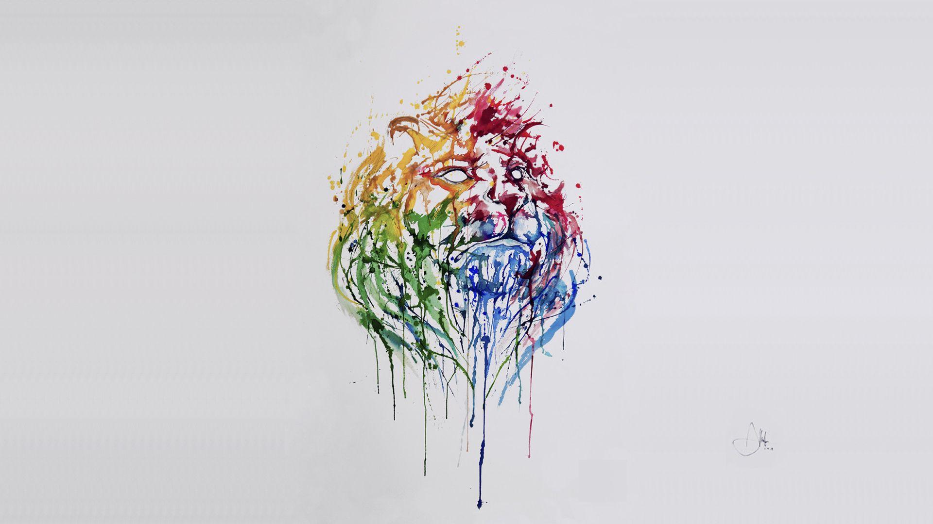 1920x1080 watercolor, paint, monotype, lion, art, pattern, HD wallpaper