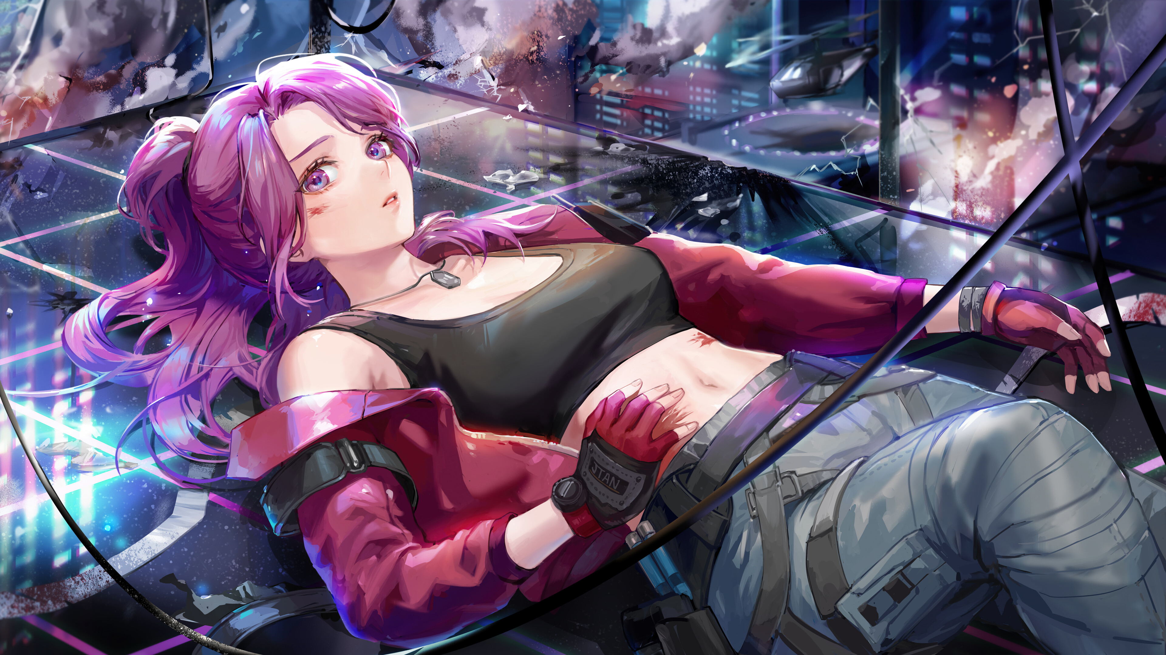3840x2160 Cyberpunk Anime Girl Purple Hair 4K