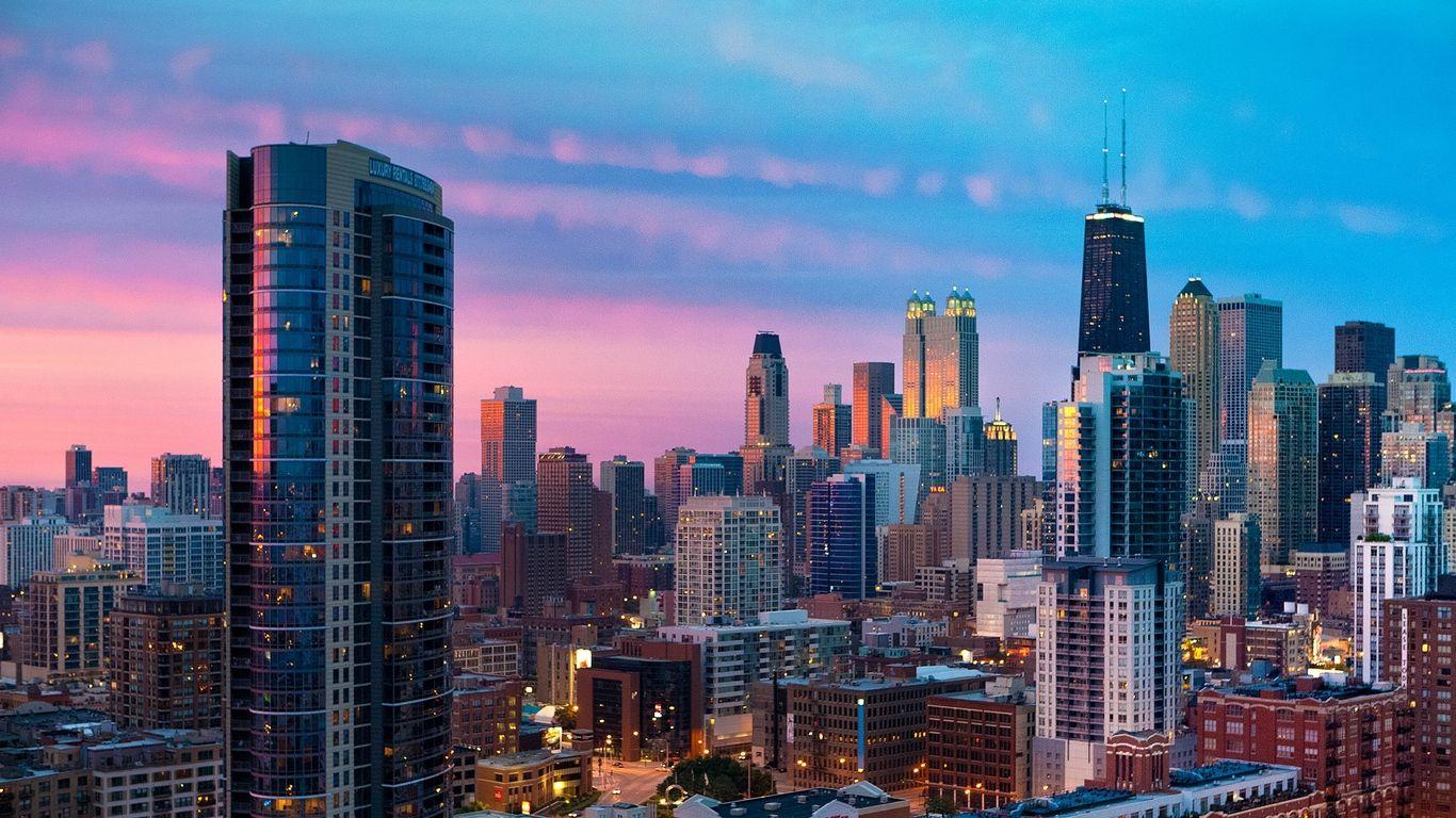 1366x768 Download wallpaper 1366x768 city, chicago, sunset