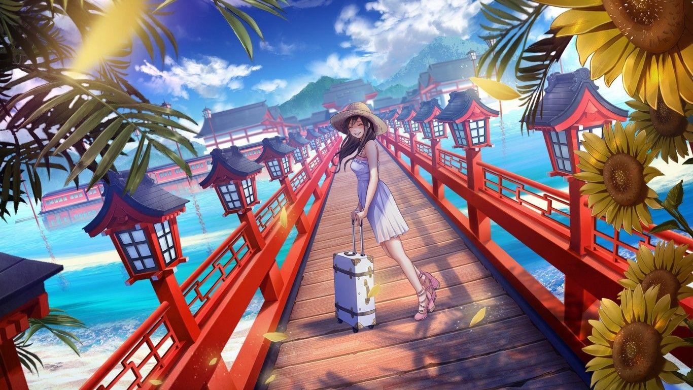 1366x768 Download 1366x768 Anime Girl, Summer, Bridge, Japan