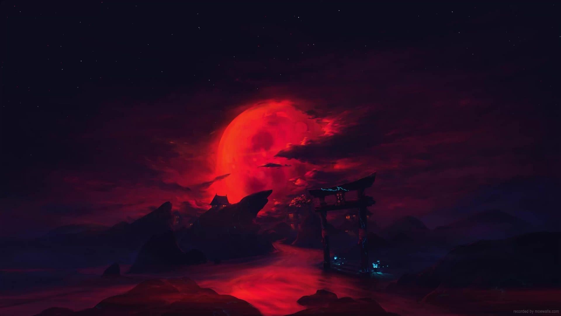 1920x1080 Blood Moon Torii River Live Wallpaper