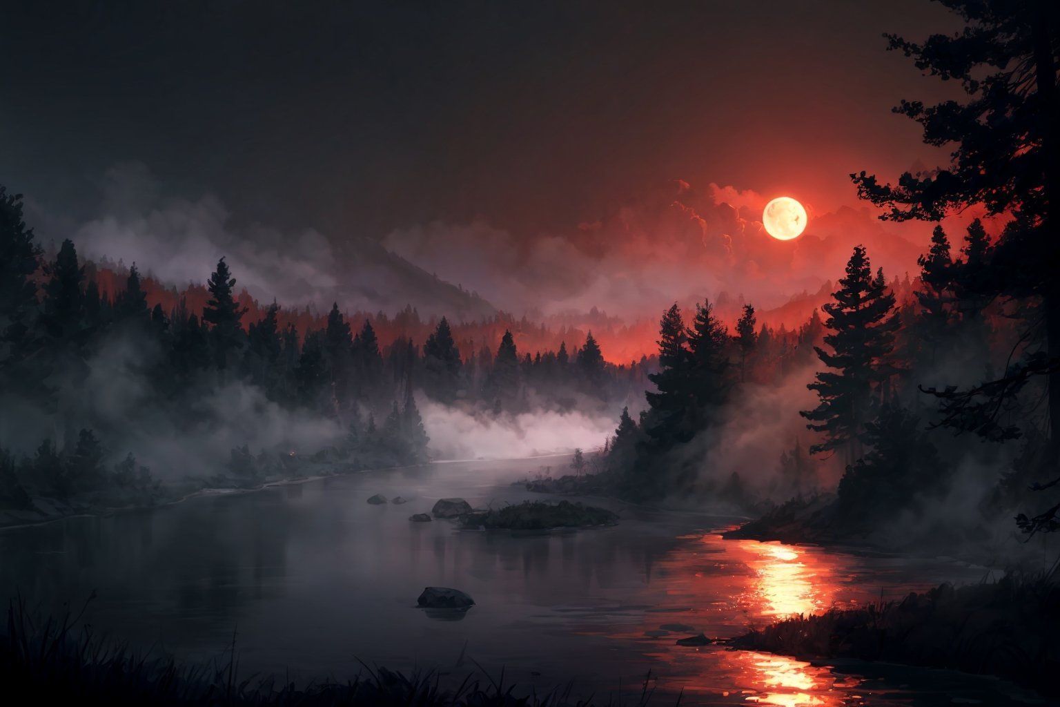 1536x1024 forest, river, fog, nighttime,. image