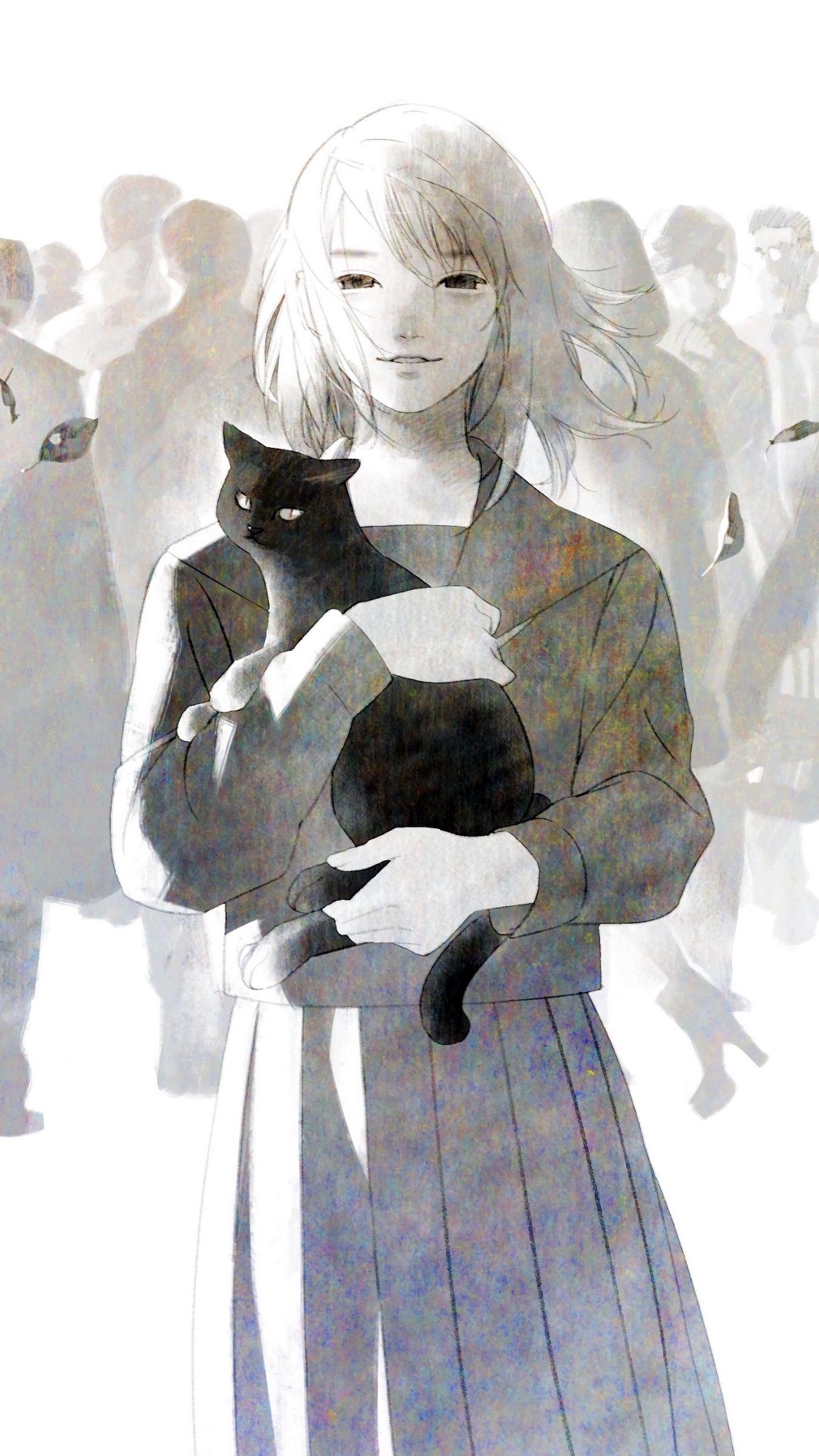1350x2400 Download wallpaper 1350x2400 anime, cat, girl, crowd, art