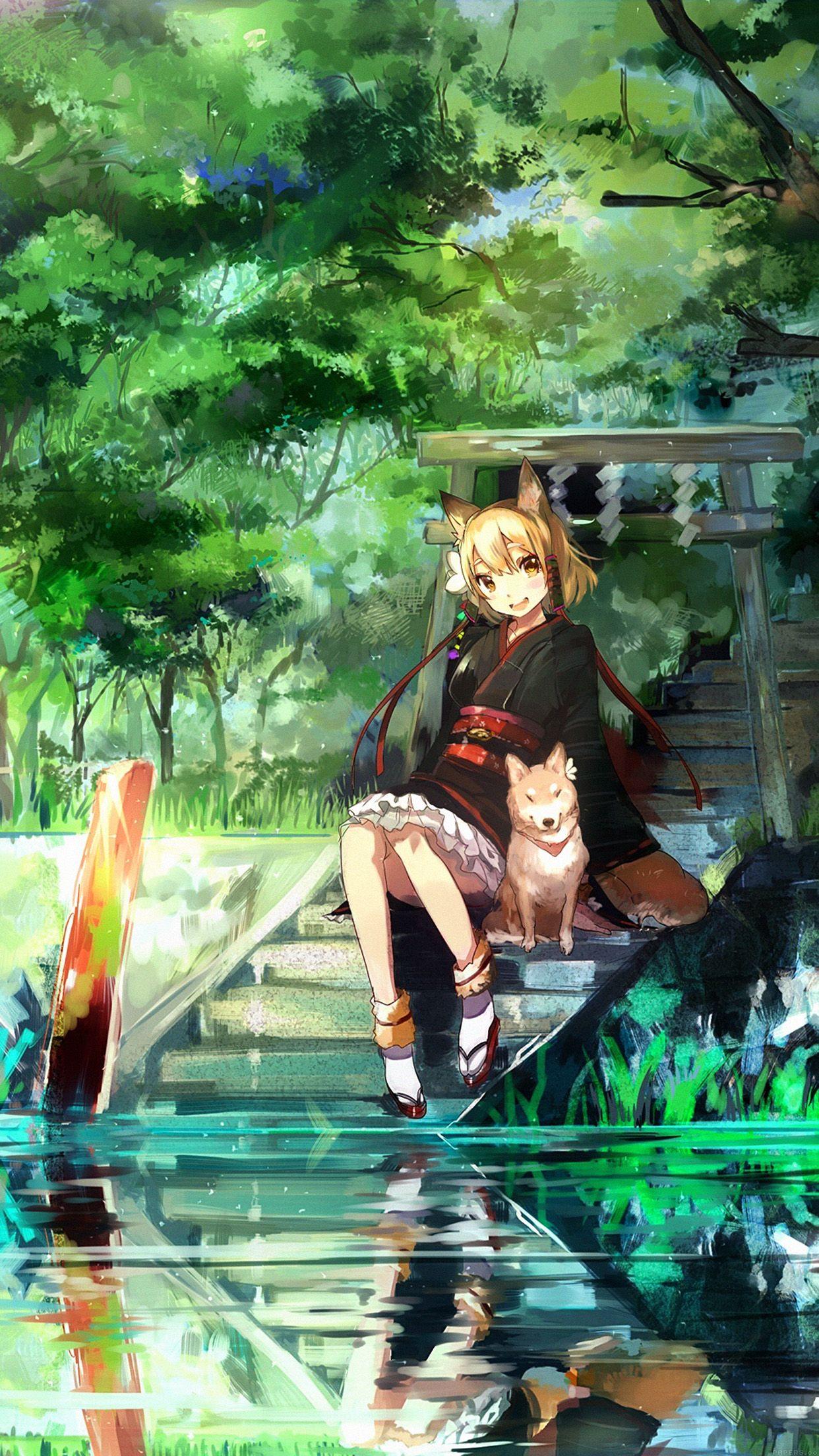 1242x2208 Girl And Dog Green Anime Art Illust Android wallpaper