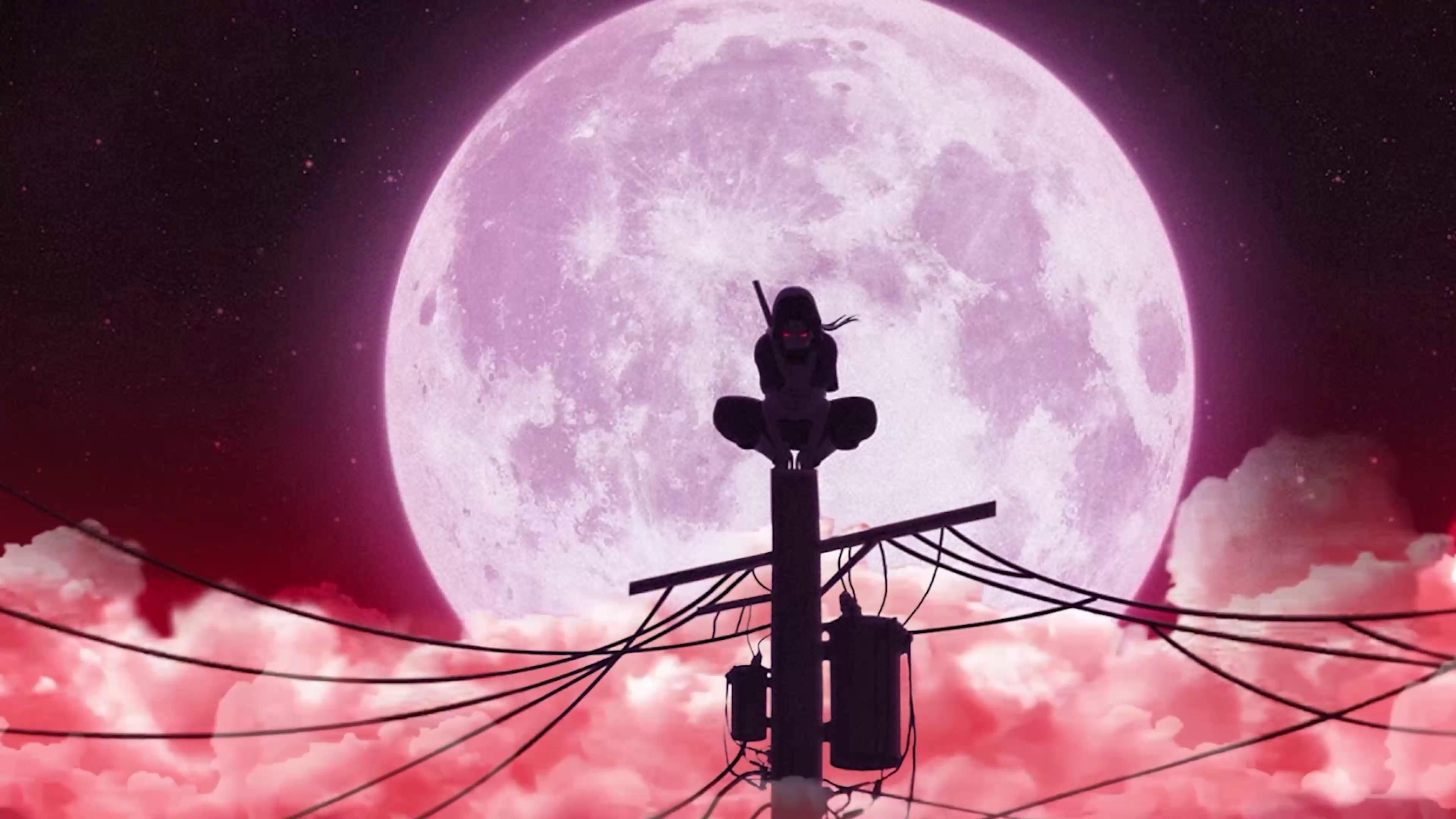 3840x2160 Itachi Uchiha in Front of the Red Moon Animated Wallpaper