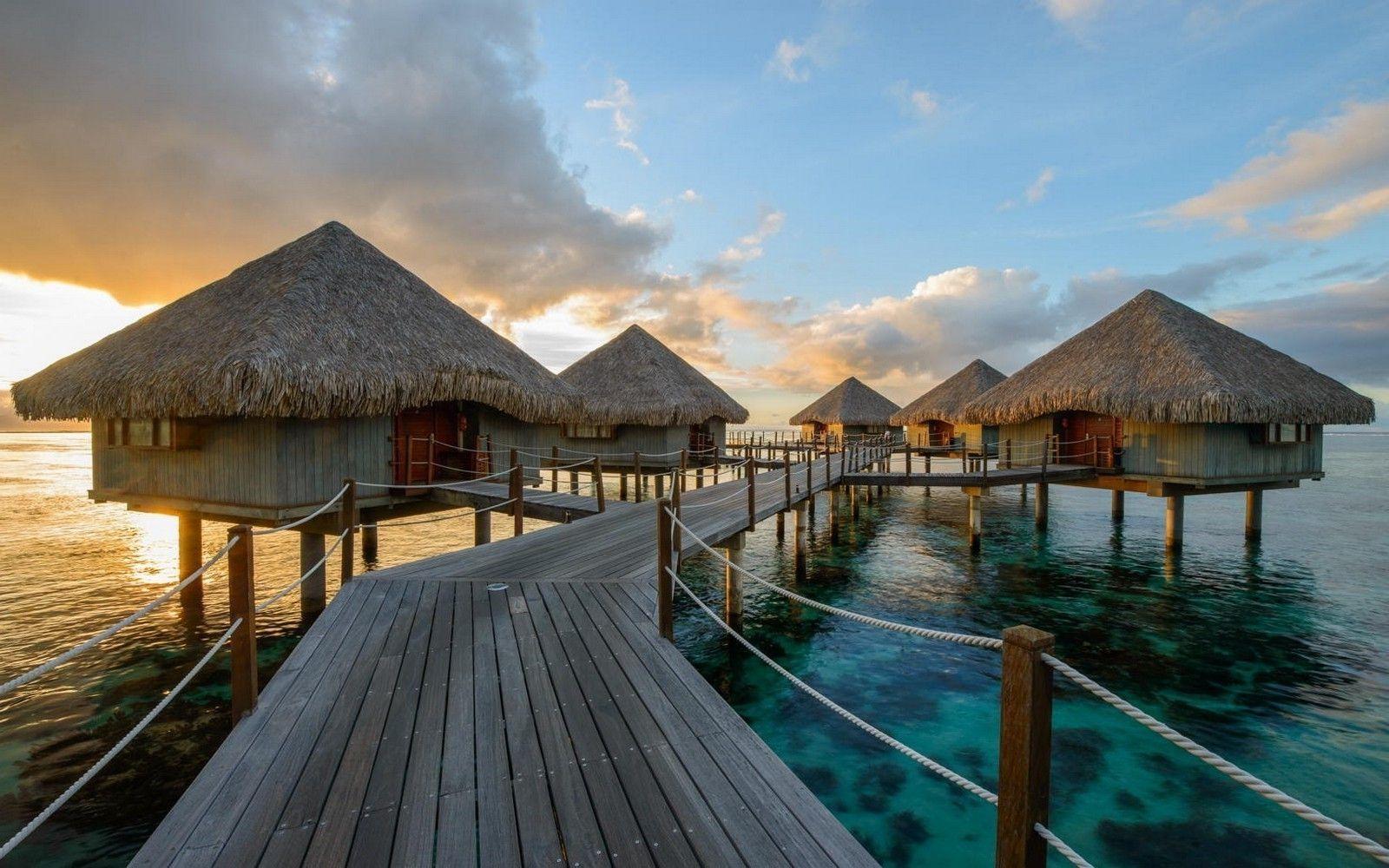 1600x1000 nature landscape resort sunrise sea bungalow bridge