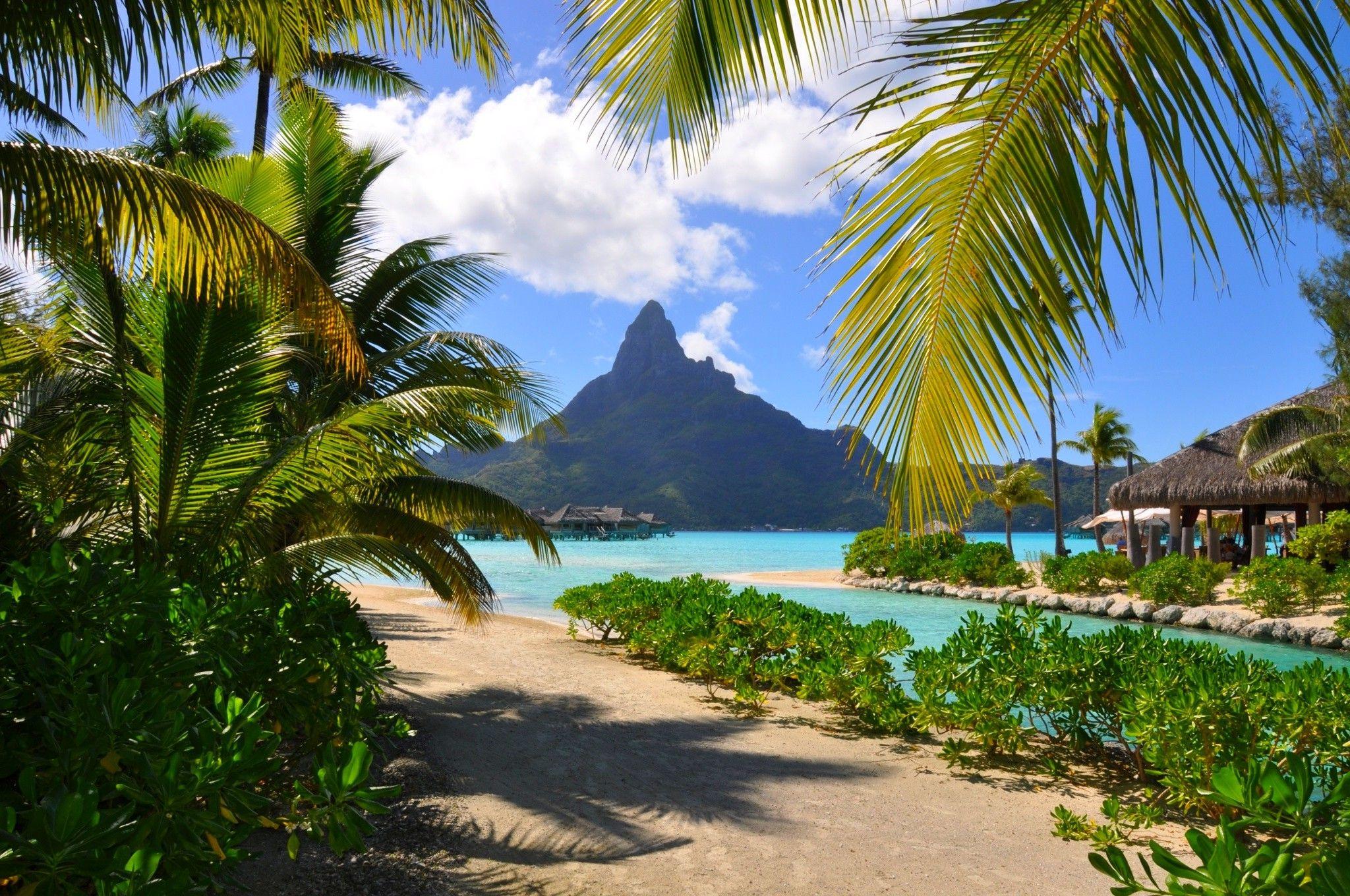2048x1360 Bora Bora, Resort, Beach, French Polynesia, Mountain, Palm