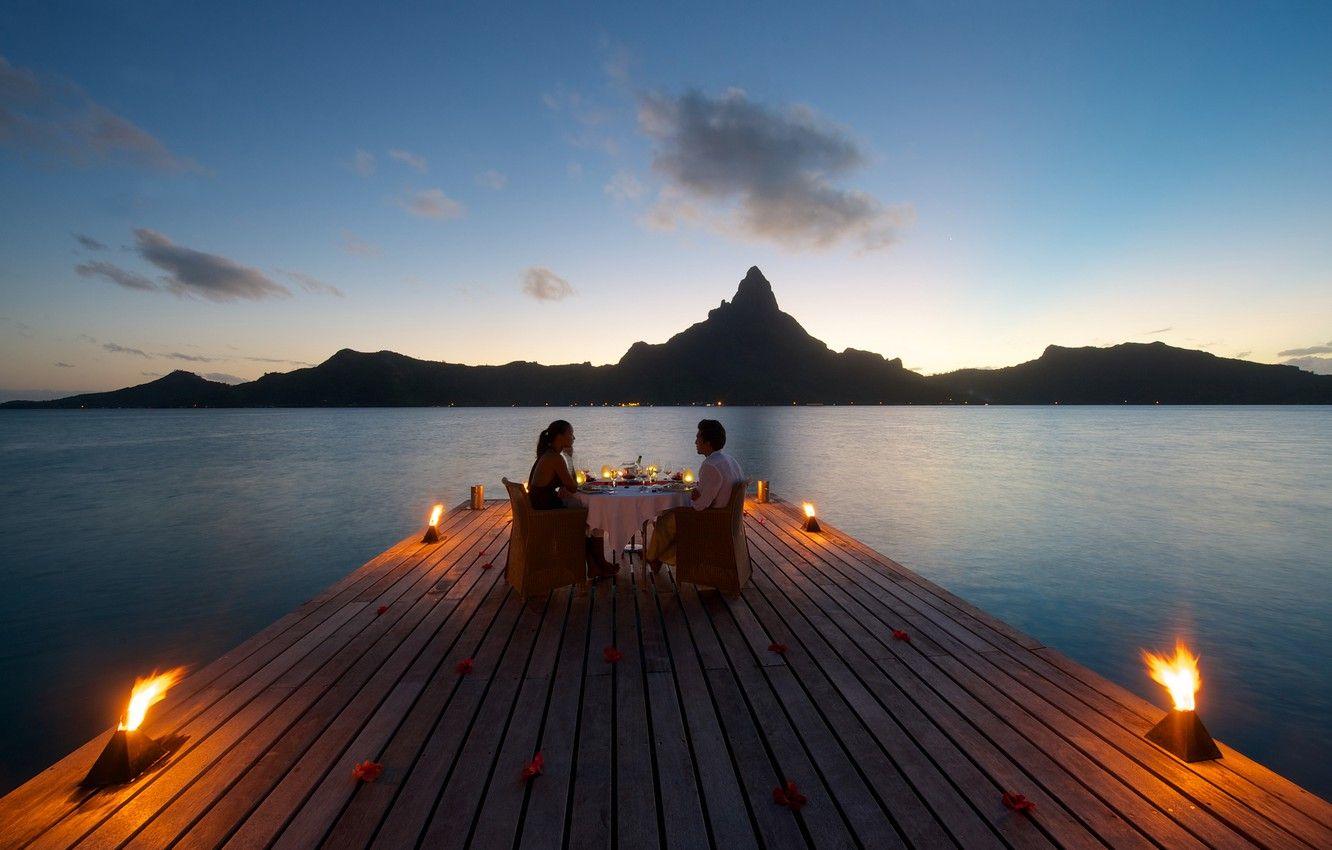 1332x850 Wallpaper Sunset, Bora Bora, Table For Two, Romantic Dining