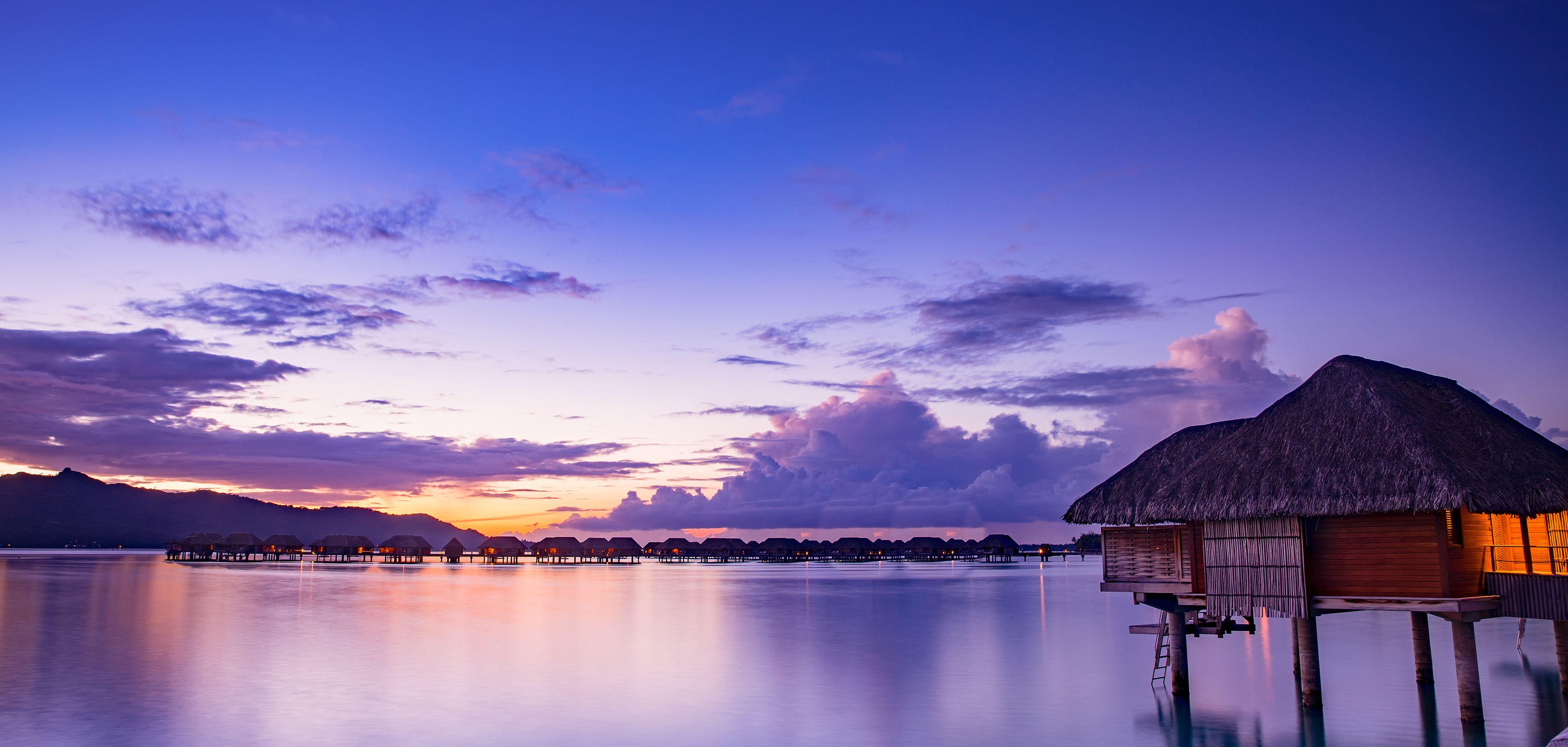 4200x2000 Image Bora Bora French Polynesia Bungalow Sea Nature Sky