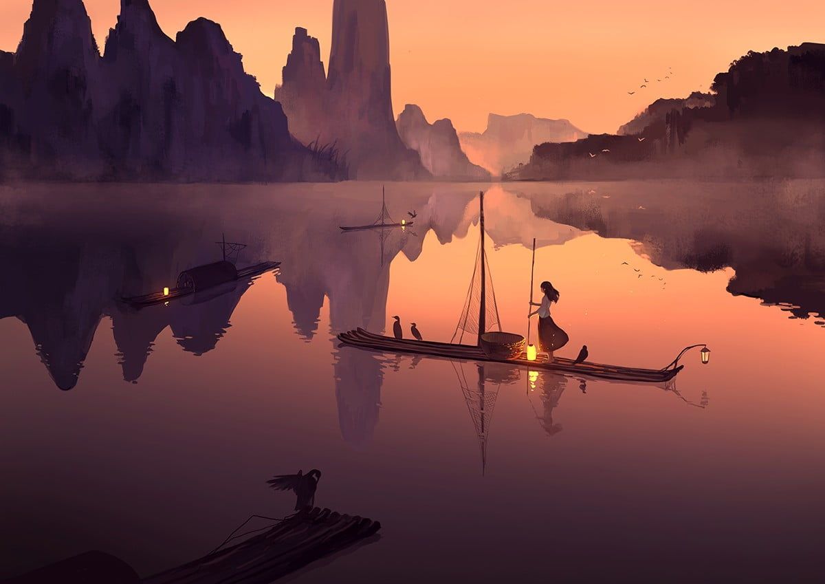1200x849 woman riding boat illustration, anime