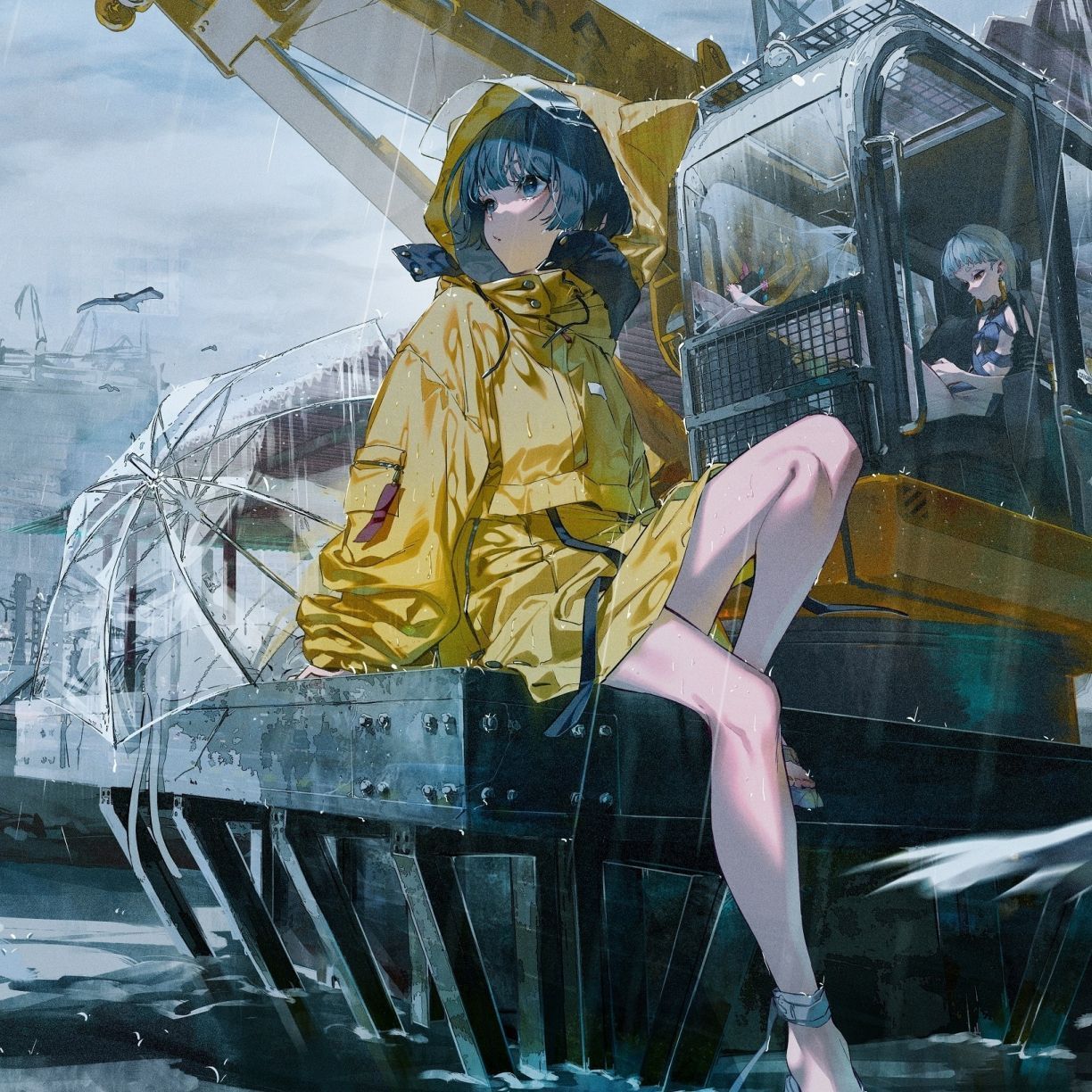 1224x1224 Wallpaper anime girls on boat, rain