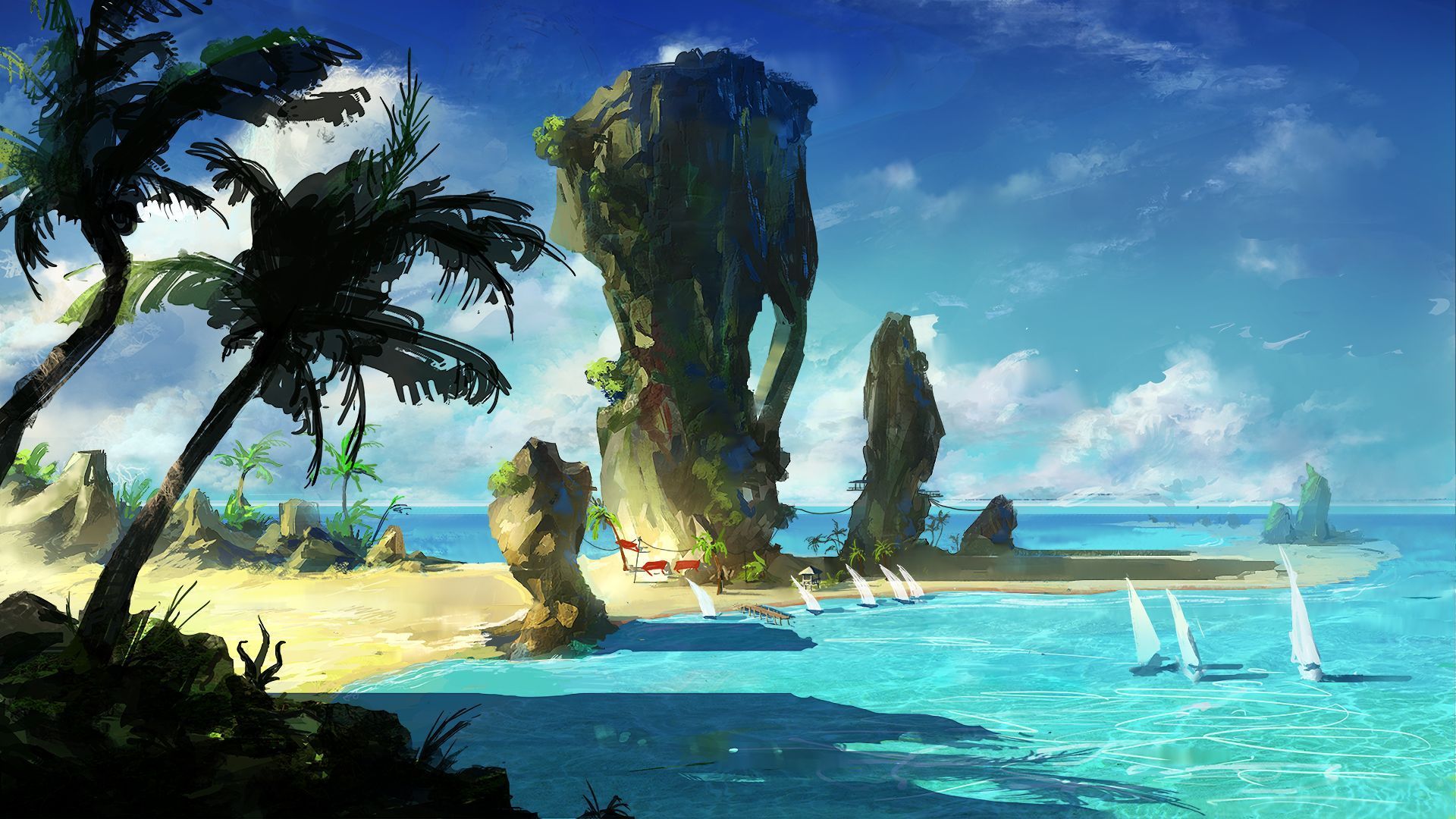 1920x1080 Anime, Sky, Beach, Horizon, Ocean, Boat