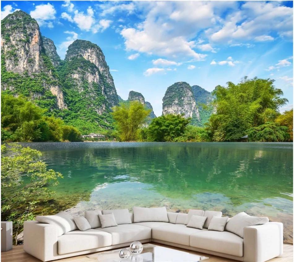 950x847 China Guilin landscape photo wallpaper 3D green mountains green water blue sky white clouds mural wallpaper for living room wall paper 3D