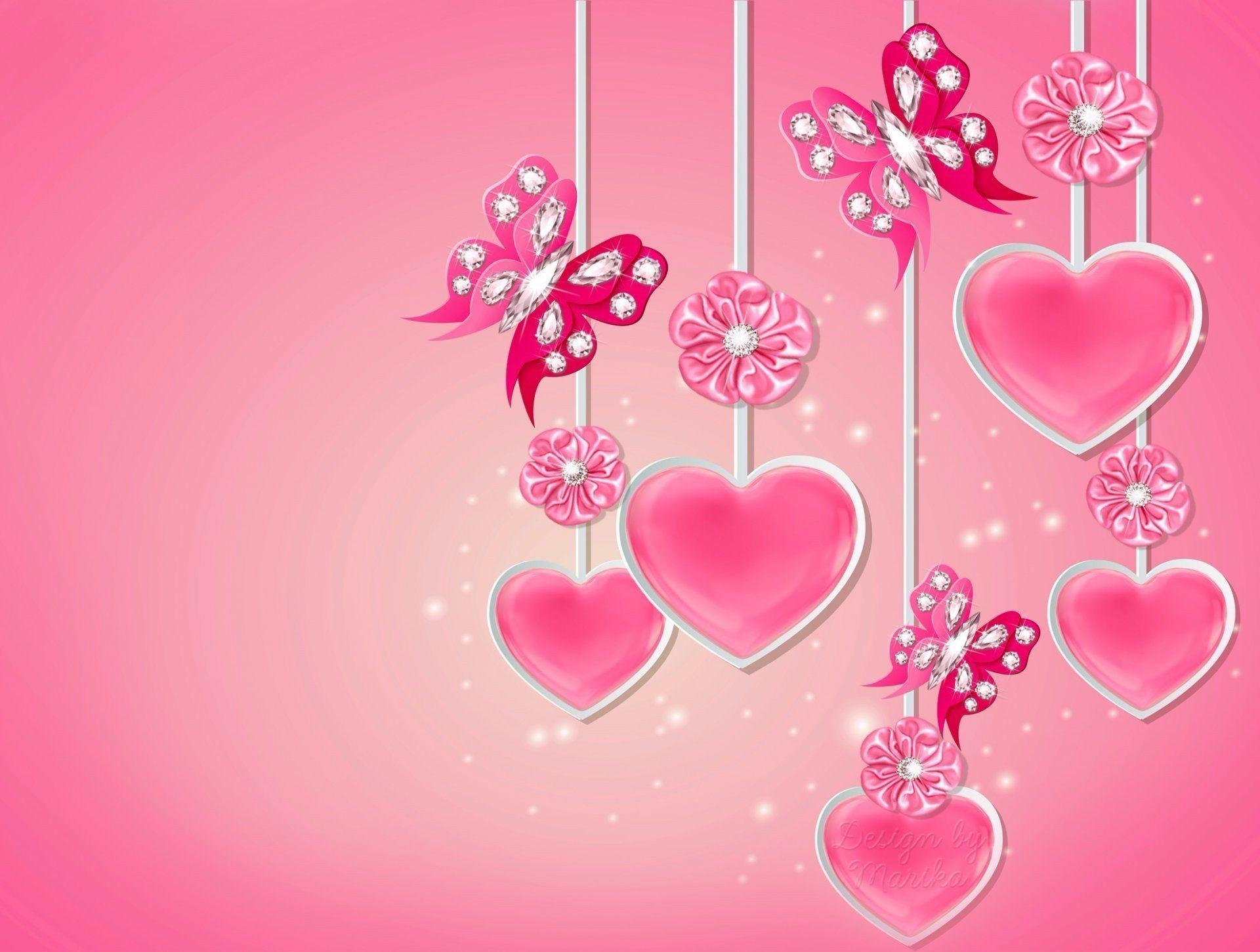 1920x1451 Pink Hearts and Butterflies HD Wallpaper. Background Image