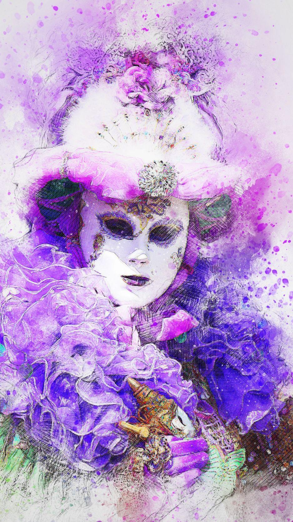 938x1668 Download wallpaper 938x1668 art, mask, carnival, watercolor