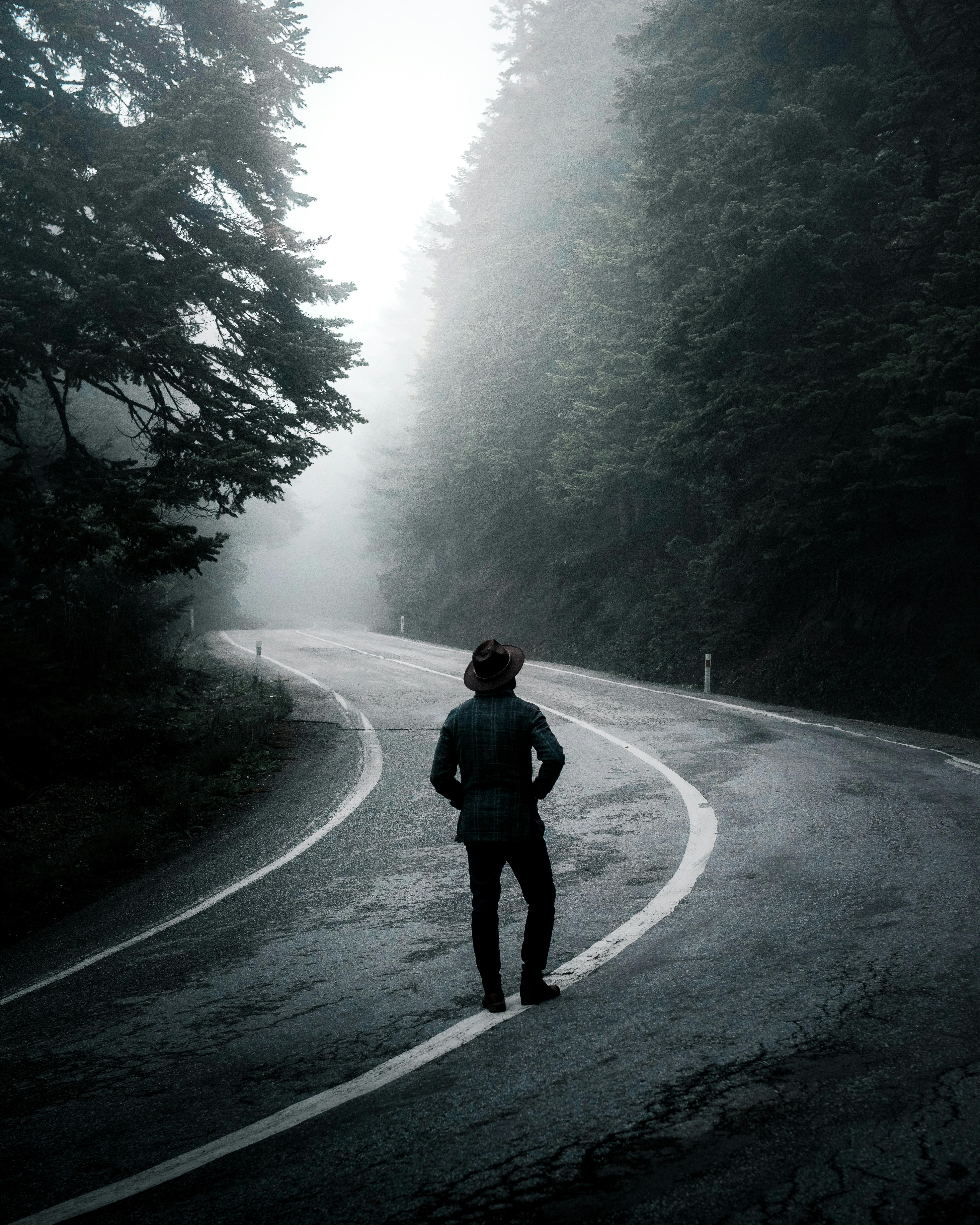 4912x6140 Man walking along road in forest · Free