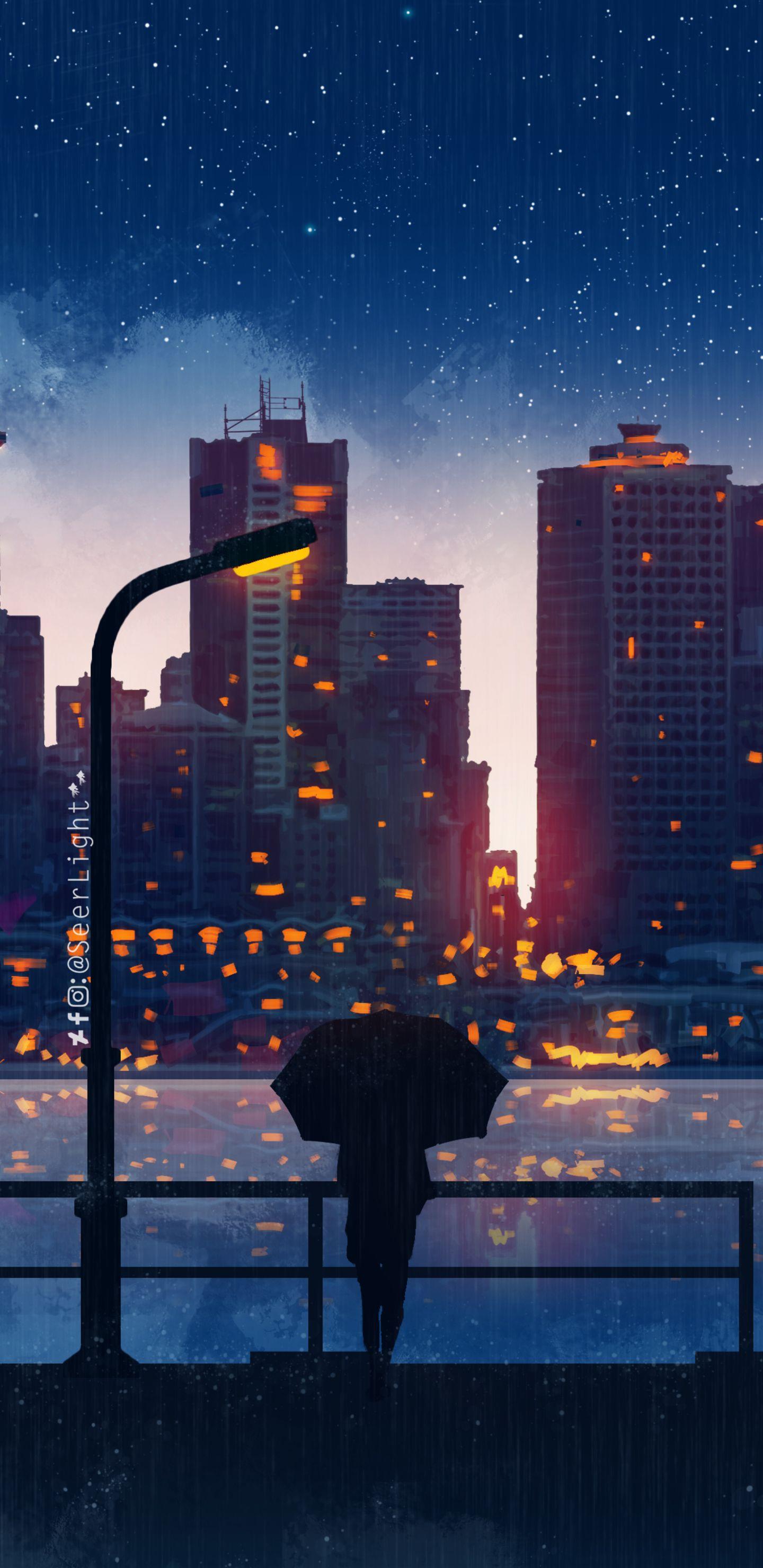 1440x2960 Anime City Lights Night Rain Umbrella Sky 5k