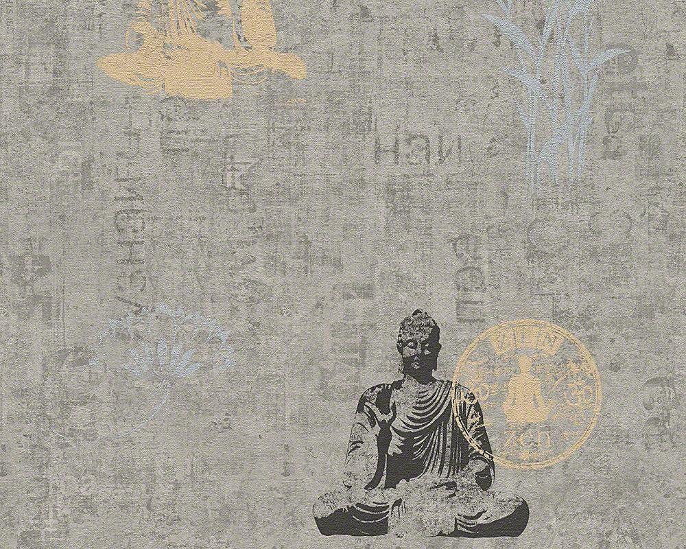1000x800 AS Creation 94312 1 Buddha Zen Lotus Flower Wallpaper Grey