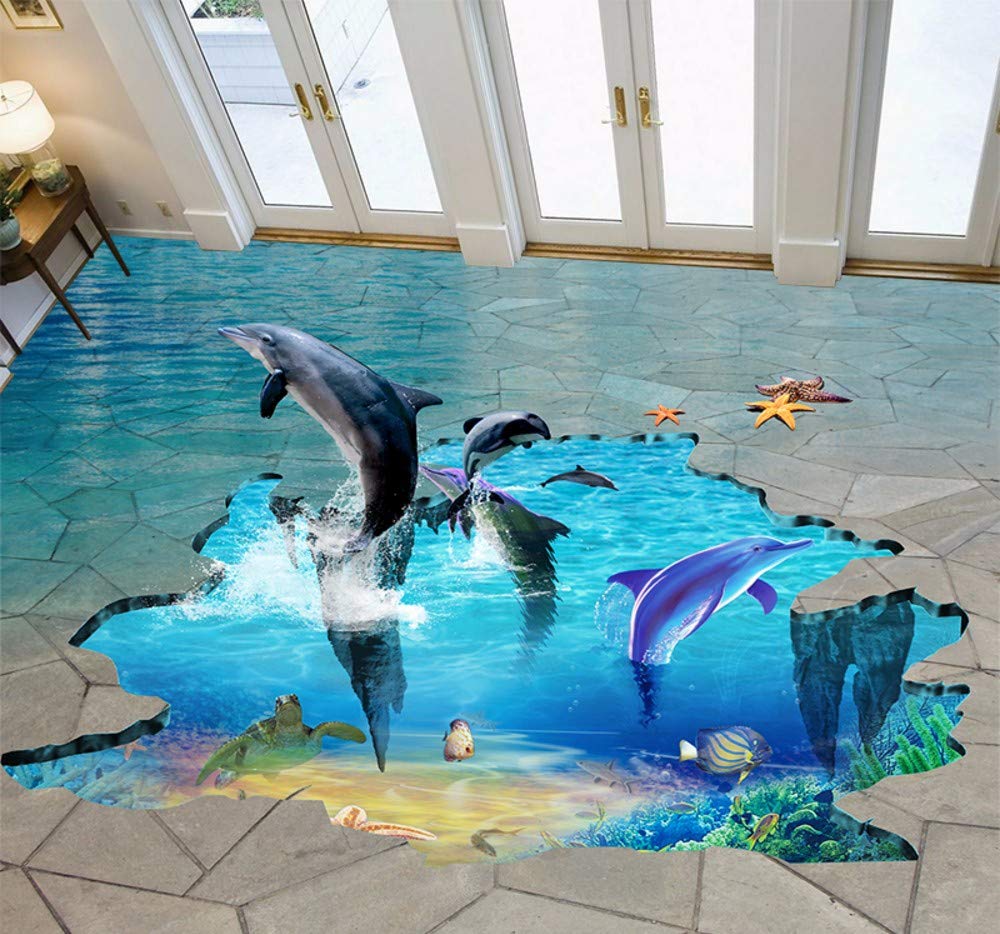 1000x934 Mural Vinyl Flooring Wallpaper 3D Dolphin Play in Water
