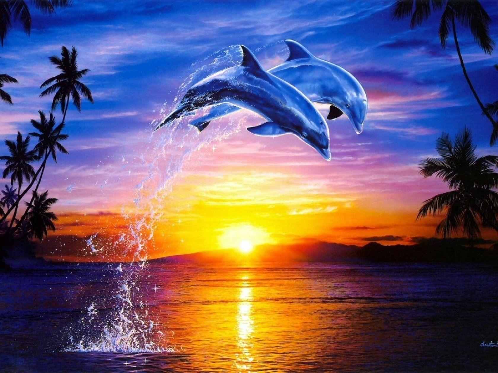 Yvette Andino Art Original Beach Sunset And Dolphins