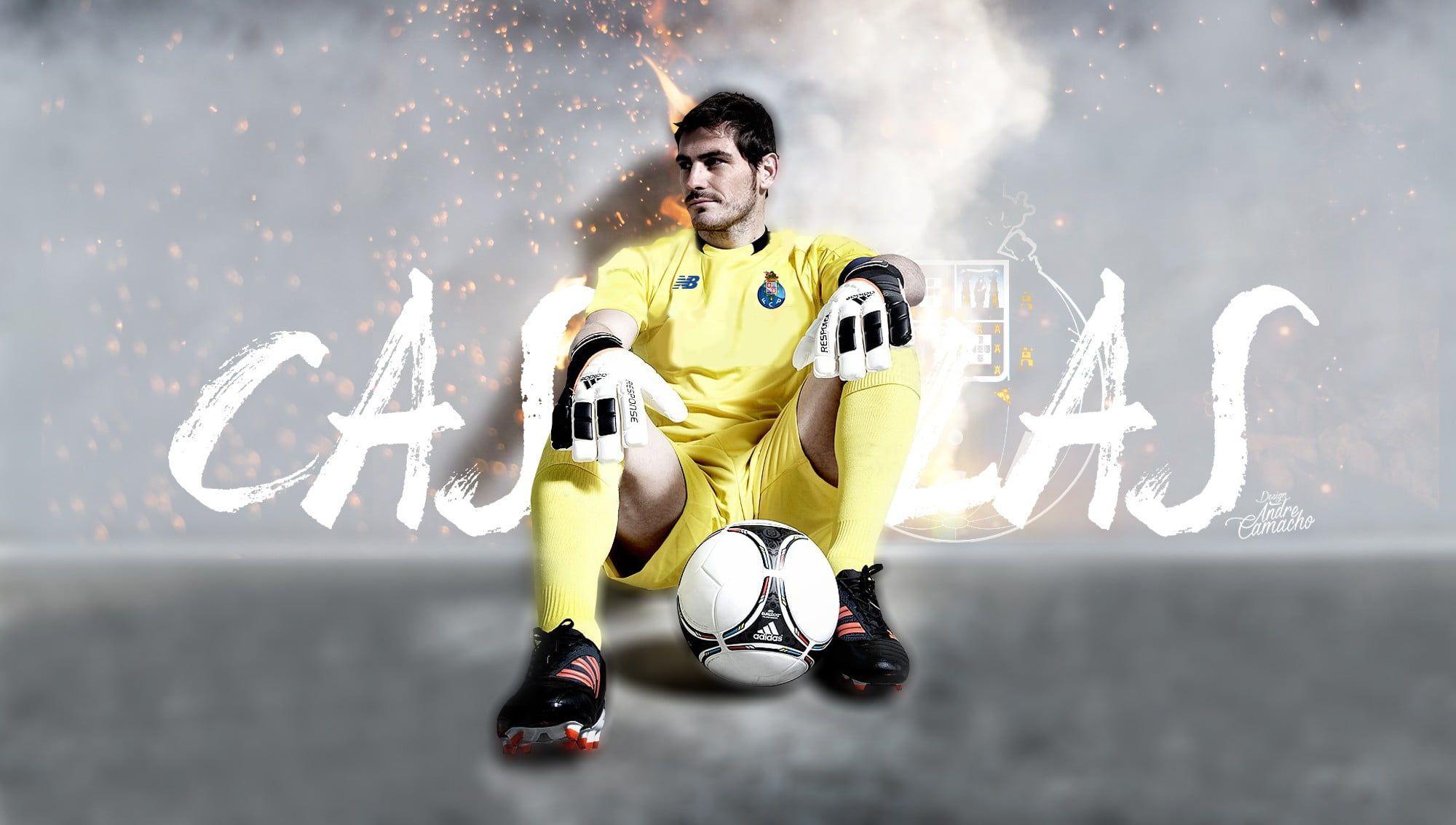 2000x1134 Men's yellow soccer jersey and soccer ball, casillas, fc