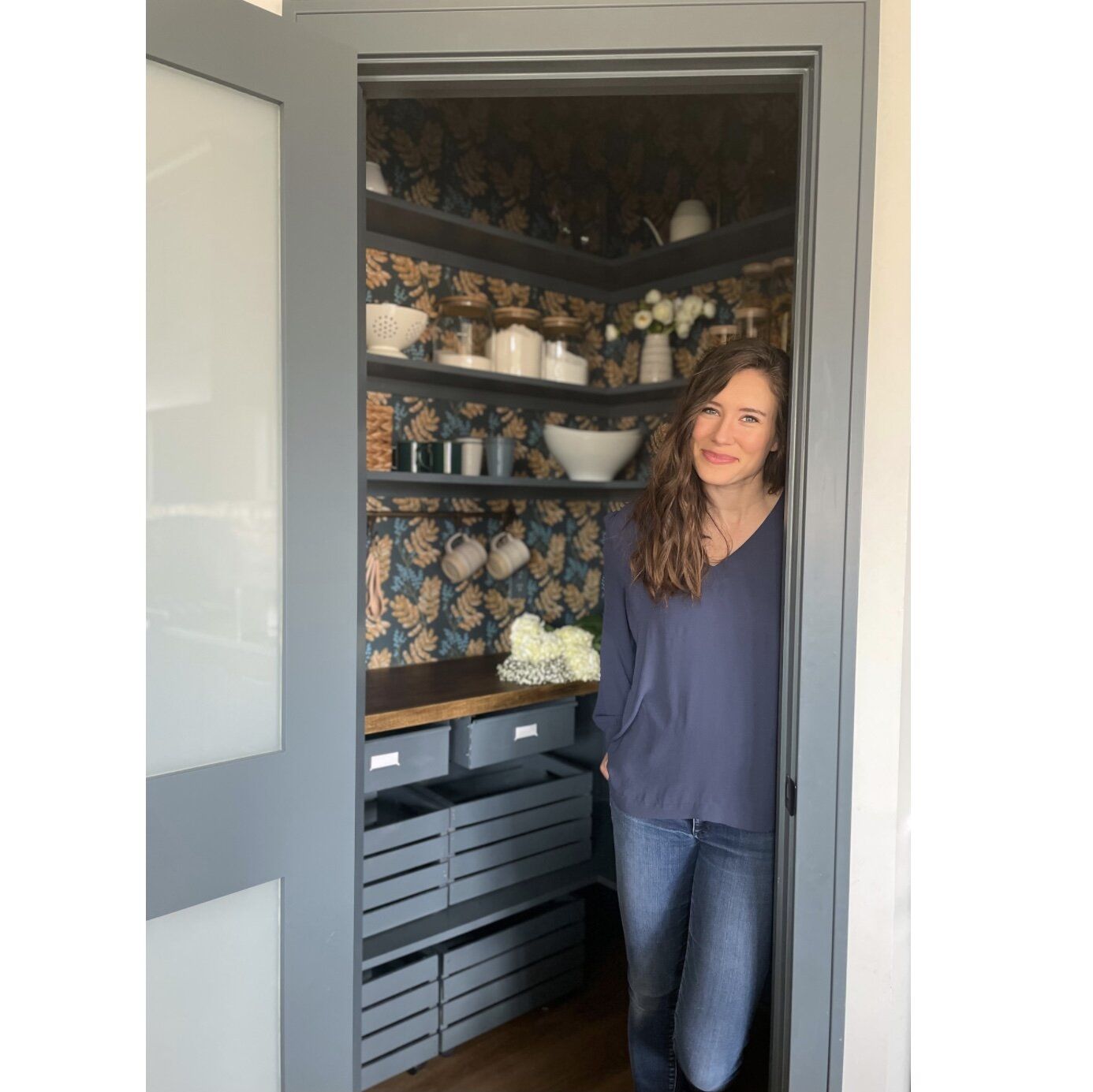 1386x1385 DIY Pantry with Wallpaper