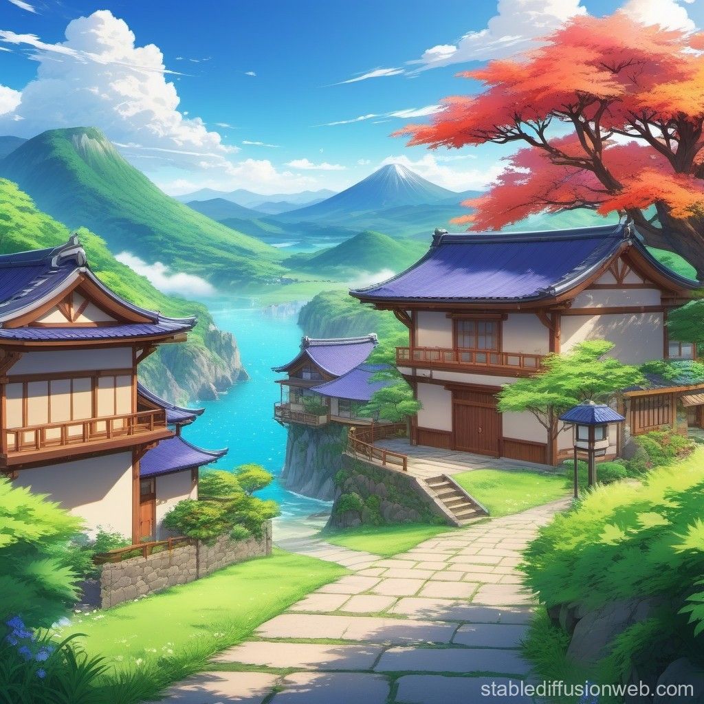 1024x1024 Manga Style Landscape Background With Village Houses. Stable Diffusion Online